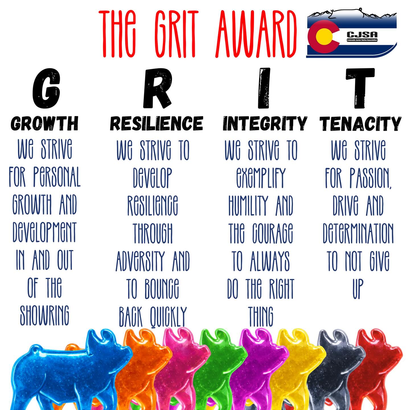 🥊Back by popular demand, the GRIT award.
🍭This year the GRIT award will be handed out at every show.
🏆The junior board believes that not every win comes with a banner.
🍬Sometimes it’s simply getting that stubborn pig in and out of the ring.
🍬Sometimes it’s finally making the cut in showmanship.
🍬Sometimes it looks like just being there to cheer on your friend’s ringside.
🎉We can’t wait to see all of the growth and success that our kids see this year in and out of the show ring.