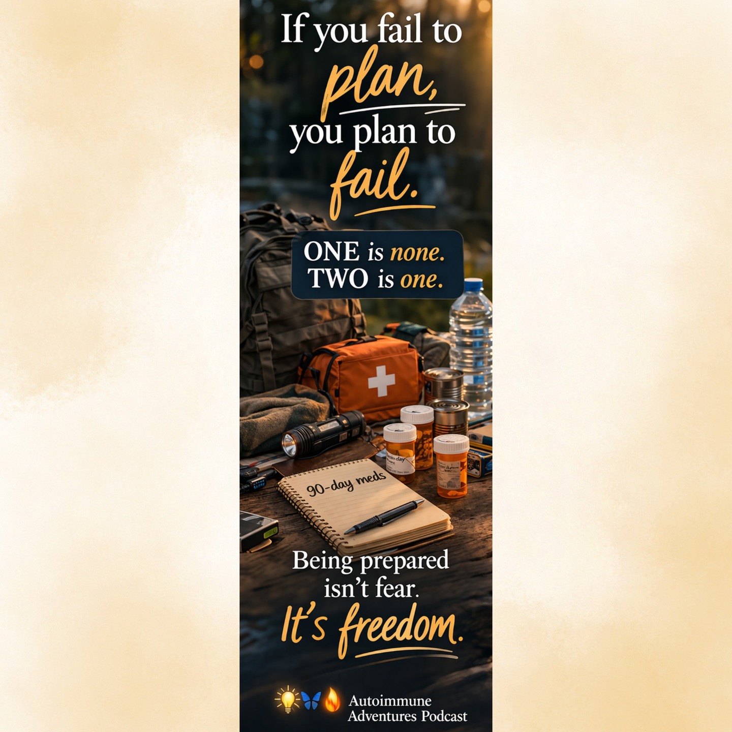 “If you fail to plan, you plan to fail” takes on a very different meaning with chronic illness.
Preparedness is often framed as a general life skill.
But for individuals managing chronic illness, it becomes something more:
A critical layer of safety and continuity.
Antoinette Lee introduces a simple but powerful concept:
“One is none. Two is one.”
Whether it’s medication, power sources, or essential resources—redundancy isn’t excess. It’s protection.
This conversation challenges us to think differently about resilience—not as reaction, but as preparation.
🎧 Episode releases April 14
🔗 www.autoimmuneadventures.com
#Resilience #Preparedness #ChronicIllness #AutoimmuneAdventures #LifeStrategy