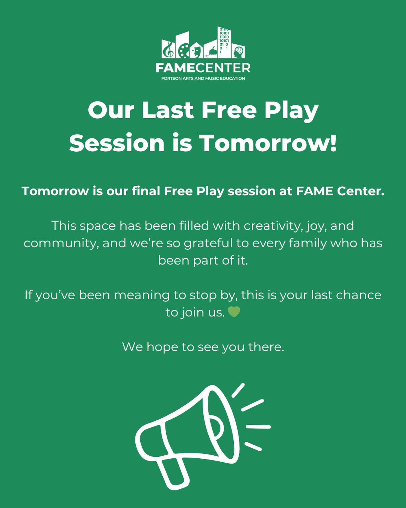 Free Play at FAME comes to a close tomorrow. 💚
What started as a simple space to explore became moments of laughter, creativity, and connection we won’t forget!
If you and your little haven’t joined us yet, or you want one more visit, tomorrow is your chance.
We hope to see you there! 8a-10a.