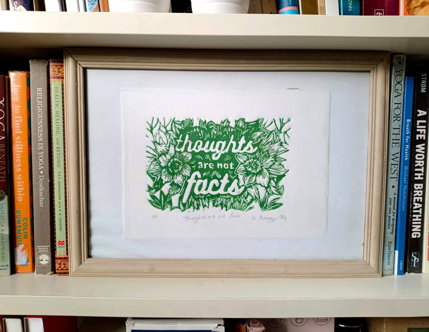 I placed this print on my bookshelf as a reminder that my thoughts are mental events, not evidence. They are shaped by past experiences, mood, stress levels, imagination, our knowledge (which is not always accurate!), and even how well we slept.
In yoga, we don’t try to silence the mind by force.
We learn to sit beside it, to watch thoughts come and go - without turning each one into truth.
Often, the doorway is not in the mind at all.
We begin by creating a shift in the system - through the body and the breath.
🎨 by Clare Morgan
#yoga #mind #thoughts #mentalhealth