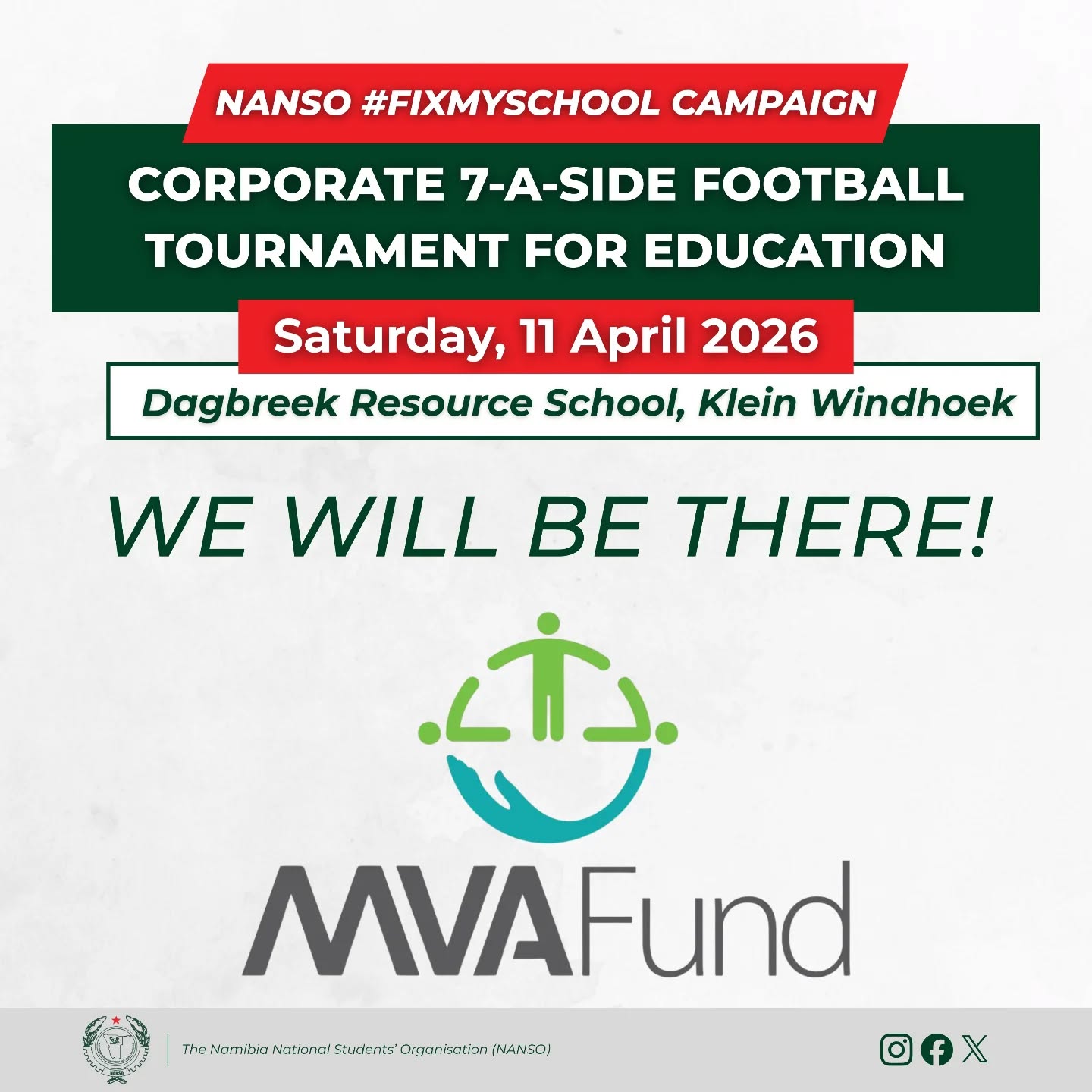 Caring for Namibians on the road and now on the pitch! ⚽
We are proud to announce that the MVA Fund has officially registered for the NANSO #FixMySchool Corporate 7-A-Side Football Tournament for Education!✊🏾💚