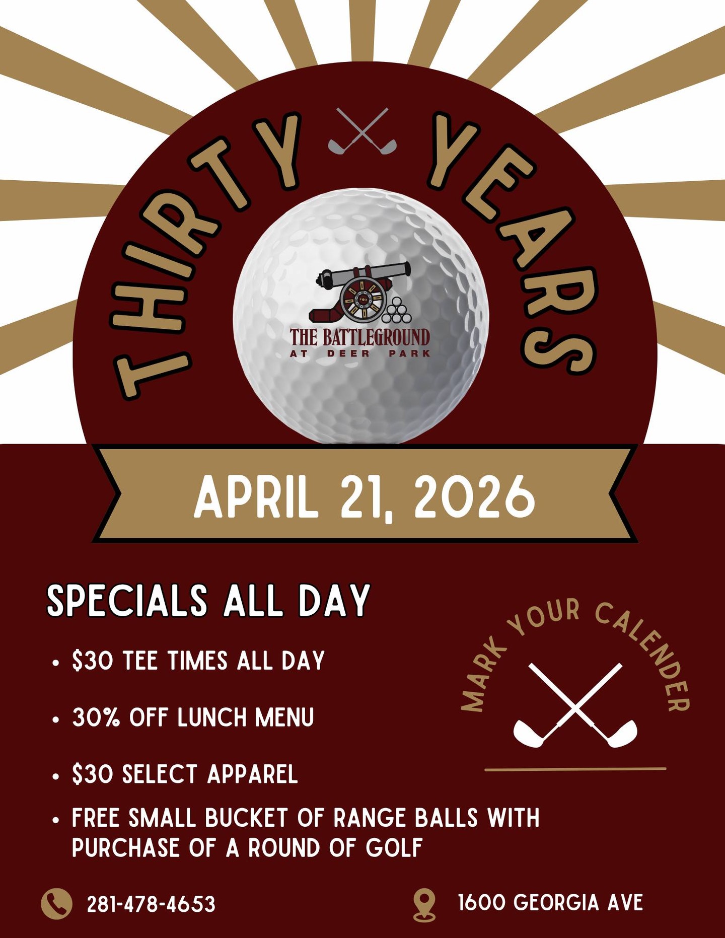 Don't forget to mark your calendars - you won't want to miss this🎉
Celebrate 30 years with these amazing deals:
Enjoy a $30 tee time or a free bucket of range balls with a round of golf, grab lunch at the Republic Grill with 30% off, and shop 30% off select apparel in our pro shop! Next Tuesday, April 21, 2026.
See you there!🥳
#anniversary #celebration #deals