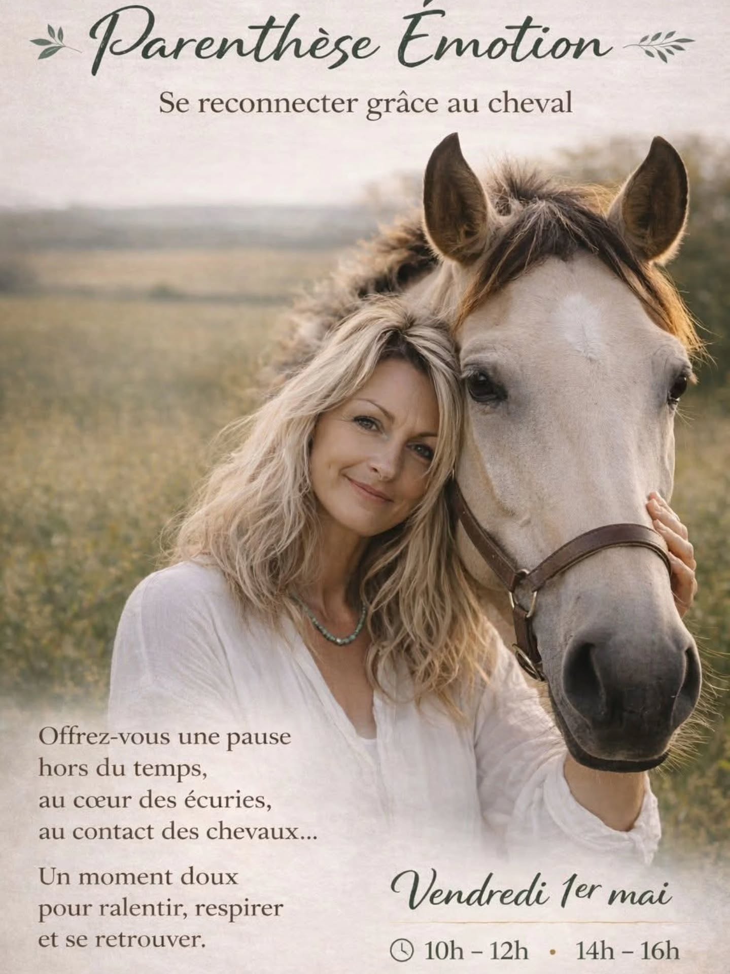 ✨ Il y a des moments qu’on repousse… et dont on a pourtant vraiment besoin.
Prendre une pause. Respirer. Se retrouver.
Vendredi 1er mai, je propose une parenthèse unique avec les chevaux 🐴
Un moment simple, profond, accessible à tous.
💛 Pas de performance
💛 Pas de jugement
💛 Juste vous… et l’instant présent
⚠️ Il reste seulement 2 places le matin et 3 places l'après midi.
📩 Réservation en message privé
📞 06 18 06 21 98
Et si, cette fois, vous vous choisissiez ?