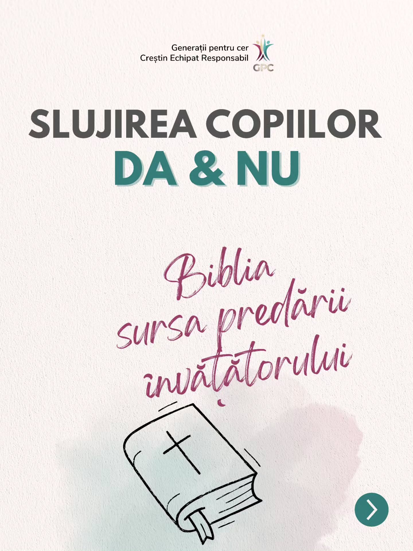 În lucrul cu copiii, nu este suficient ce predăm, ci mai ales cum predăm.
De multe ori folosim metode care par bune, dar care nu ajută copiii să înțeleagă cu adevărat. Pot ști povestea, dar să nu înțeleagă mesajul. Pot repeta, dar fără să fie transformați.
Caruselul acesta arată câteva diferențe simple, dar esențiale, între o predare care transmite informație și una care aduce înțelegere și schimbare.
Ne dorim ca fiecare lecție:
✔ să pornească din Scriptură
✔ să fie înțeleasă, nu doar auzită
✔ să ajungă la inimă, nu doar la memorie
Pentru că scopul nu este doar să spunem o lecție,
ci să vedem vieți transformate prin Cuvântul lui Dumnezeu.
FOLOSEȘTI BIBLIA ÎN PREDARE?