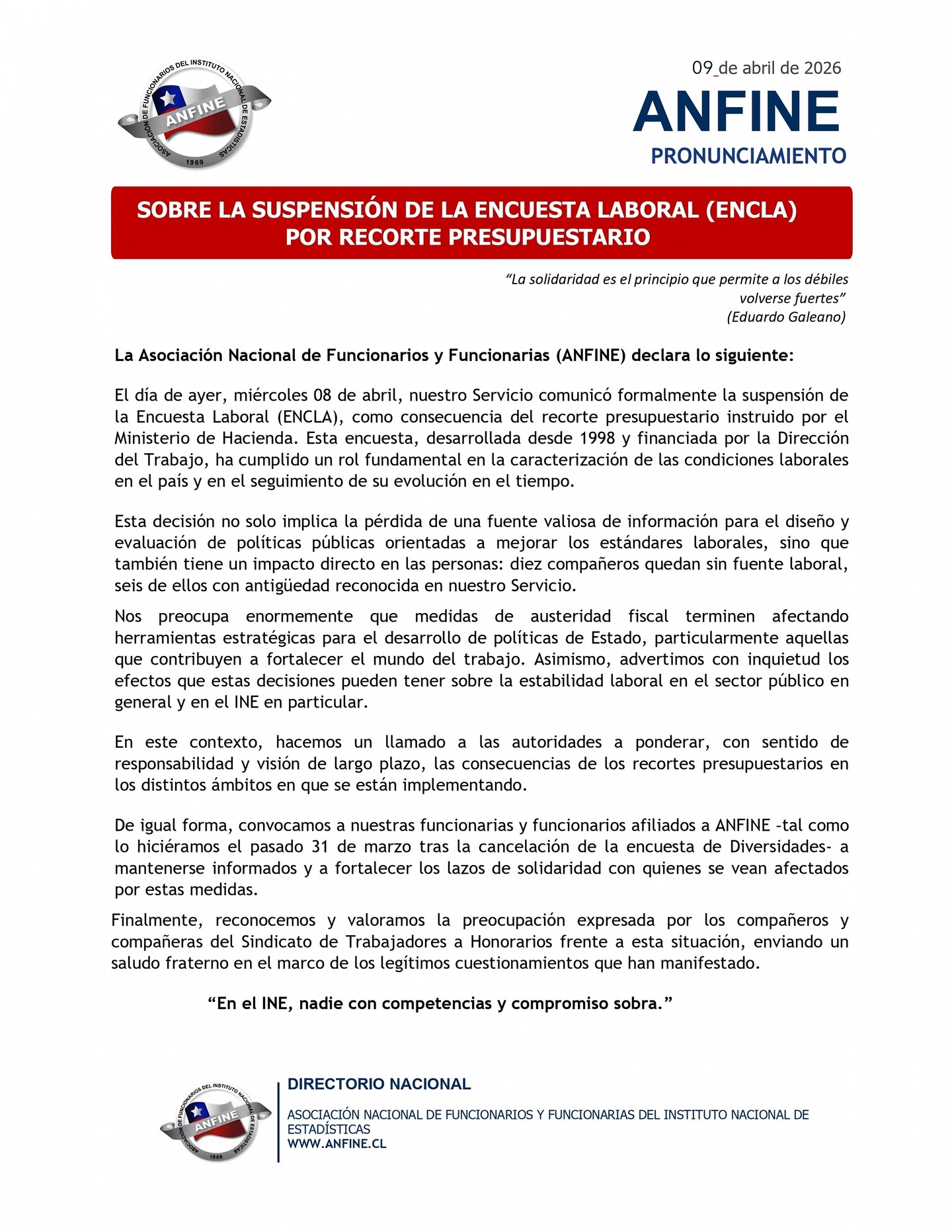 📌 ANFINE SOBRE LA SUSPENSIÓN DE LA ENCUESTA LABORAL (ENCLA) POR RECORTE PRESUPUESTARIO
ANFINE informa a sus asociados, asociadas y a la opinión pública sobre la suspensión de la Encuesta Laboral (ENCLA), medida que responde al recorte presupuestario instruido por el Ministerio de Hacienda y que *genera preocupación por sus efectos en el empleo, la producción de información pública y el fortalecimiento de las políticas laborales*. Compartimos a continuación nuestro pronunciamiento oficial.
📌 Revisa el comunicado en www.anfine.cl
#ANFINE #ENCLA #InstitutoNacionalDeEstadísticas #Trabajo #Empleo #PolíticasPúblicas #DefensaDelEmpleo #InformaciónPública