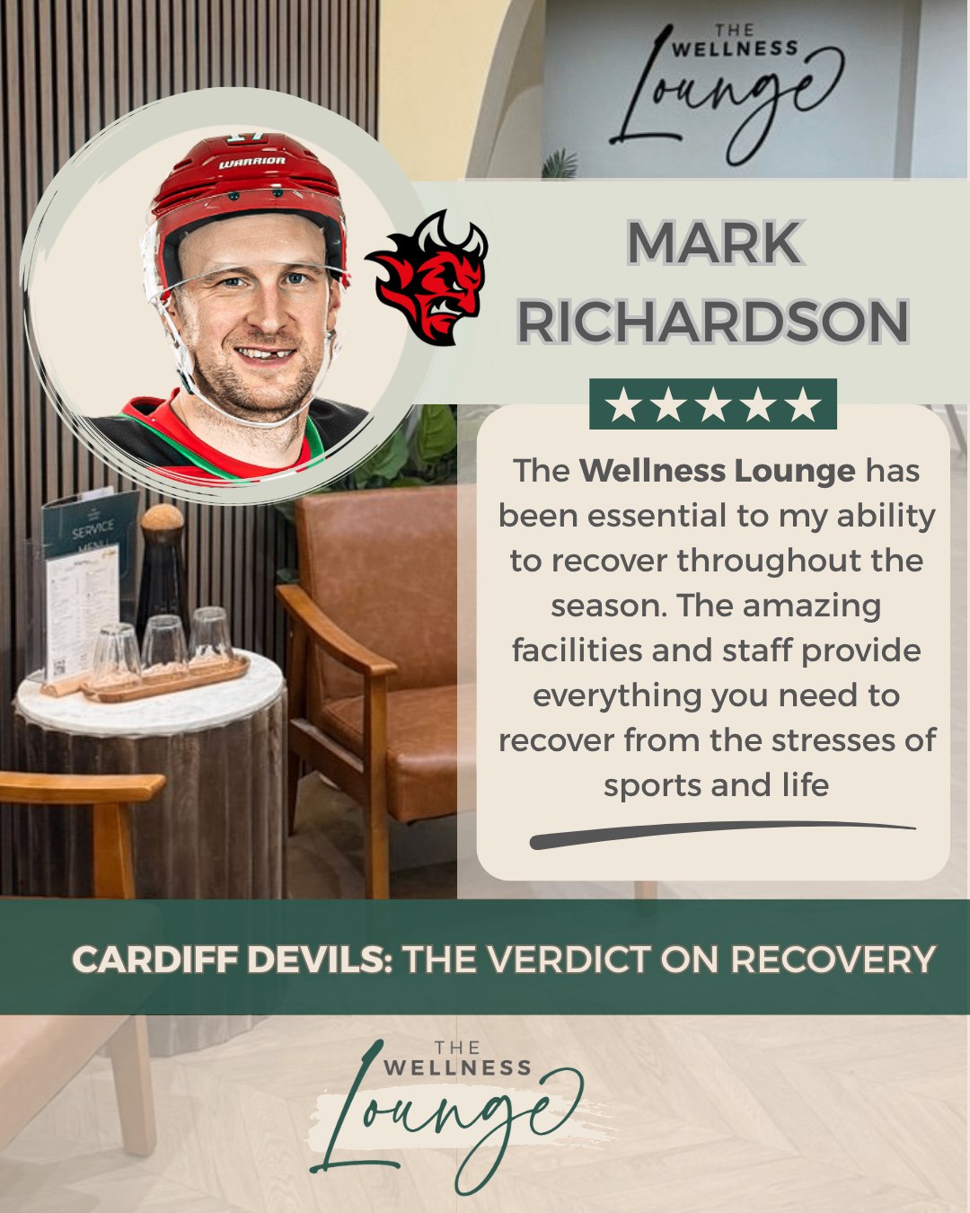 To celebrate the end of the season, we're sharing a series of reviews from the Cardiff Devils players who have been recovering with us this year. In this series, we'll show you some of their highlights... next up is Mark Richardson:
“The Wellness Lounge has been essential to my ability to recover throughout the season. The amazing facilities and staff provide everything you need to recover from the stresses of sports and life.”
It has been a pleasure supporting Mark and the team throughout their season. Whether you are an athlete or looking for a way to manage the stresses of daily life, our recovery space is here for you.
Book your session today via the link in our bio. 🌿
#CardiffDevils #WellnessLoungeCardiff #Recovery #CardiffWellness