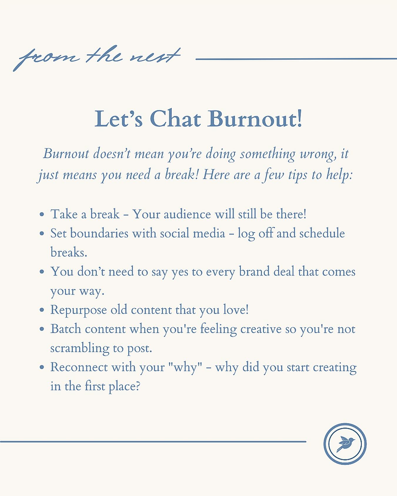 tips from the nest: managing burnout 😮💨
Resurfacing this one because it’s SO important! Take care of yourselves!
#tipsfromthenest