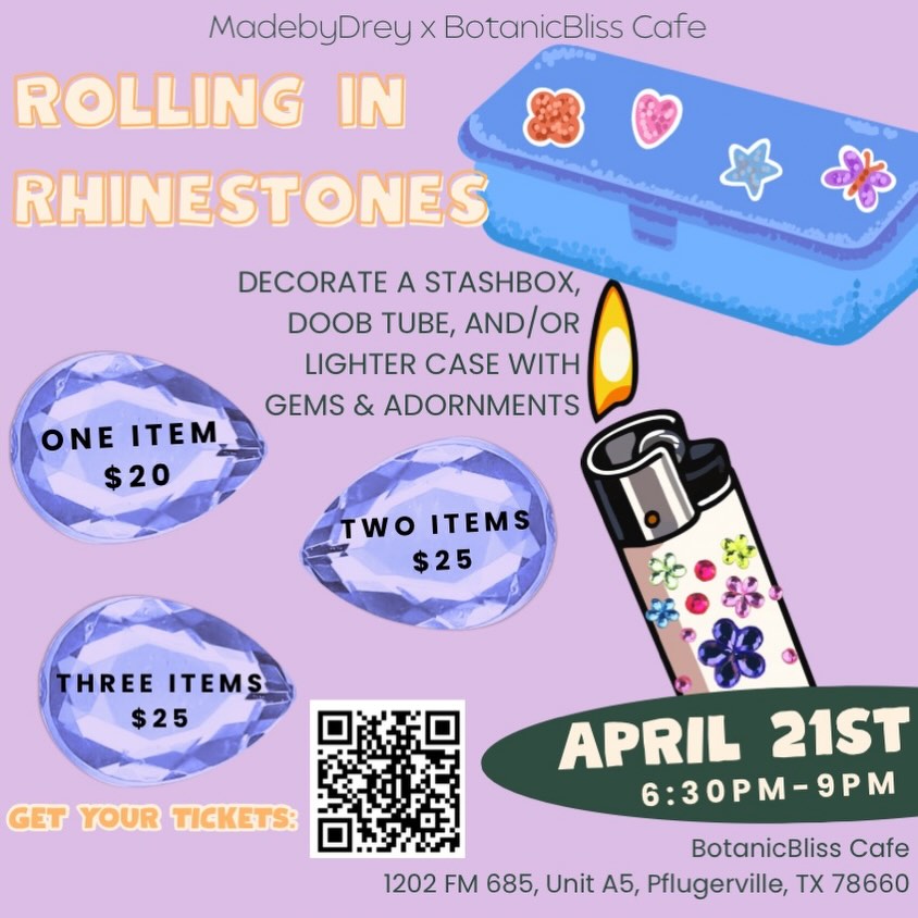 Crafters get ready‼️ We’ve got a fun event planned to round out 4/20 weekend 💚 Come bedazzle, or sticker bomb a stash box, tube, or lighter case! You know you want your stash supplies to be as cute and unique as you are 😜 Sign ups are on my website. Please be sure to confirm your ticket ASAP this time as they will be super limited!!