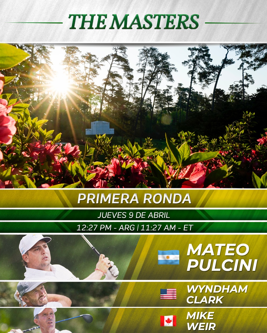 Todo listo para el inicio del Masters. 🔥
Empieza la acción en Augusta. ⛳
Tee times de los nuestros. 🕰️
Mateo Pulcini 🇦🇷
Ángel Cabrera 🇦🇷
Nicolás Echavarría 🇨🇴
Carlos Ortiz 🇲🇽
#themasters