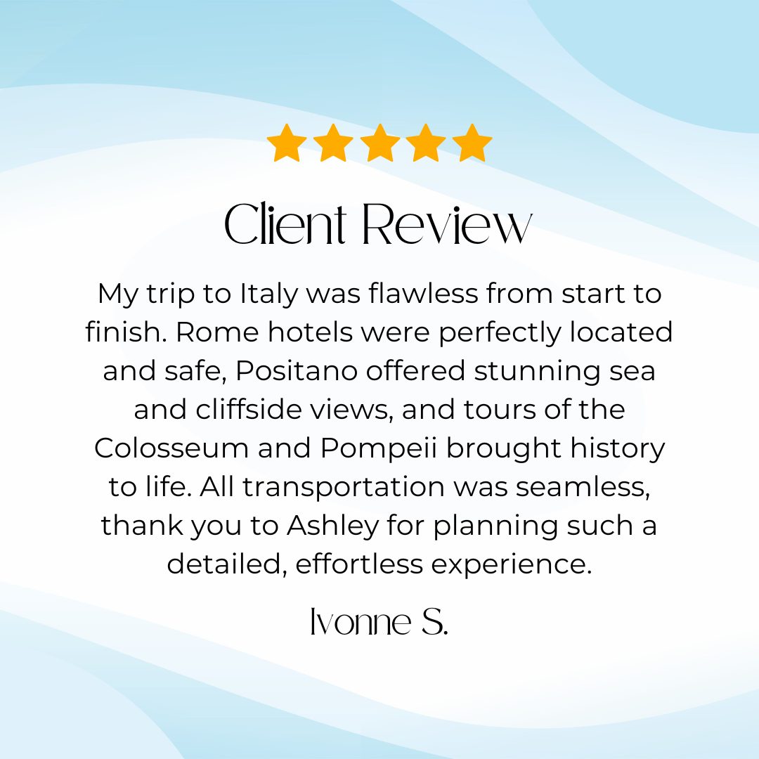 ✨ Client Testimonial: Seamless Italy Adventure 🇮🇹✈️
Hearing about a flawlessly orchestrated trip always brings joy! Recently, Ivonne S. shared her delightful journey through Italy with Aspiring Vacations. From prime locations in Rome to breathtaking vistas in Positano, and immersive guided tours that made history come alive, every moment was unforgettable.
With meticulous planning of accommodations, excursions, and city transport, I ensure clients enjoy their travels stress-free.
Dreaming of exploring the world without logistical worries? Let's get started! 🌍
📩 Request a quote now: www.aspiringvacations.com/contact
📲 Stay updated on travel deals and inspiration! Like, follow, & share. If you're not booking, someone in your circle might be!
🔹 Facebook & LinkedIn: Aspiring Vacations
🔹 Instagram: @aspiring_vacations
🌍 Where To Next? ✈️
#TravelWithAspiringVacations #AspiringVacations #TravelPlanning #StressFreeTravel #TravelAdvisor #ItalyTravel #EuropeanVacation #DreamVacation #WhereToNext #TravelWithAspiringVacations #AspiringVacations #TravelAdvisor #WhereToNext