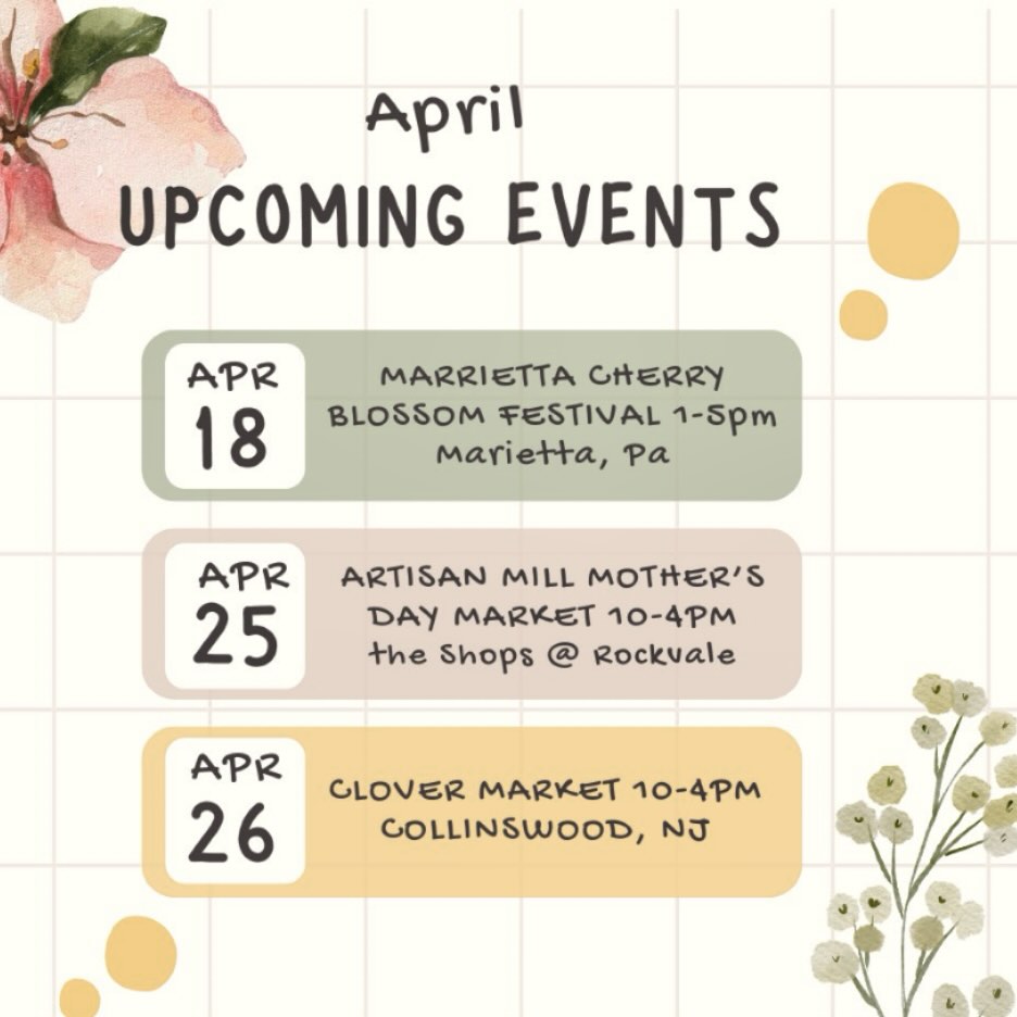 And so it begins ✨ It’s been a long Winter and I can not wait to see everyone, starting this Saturday! I have some amazing new blends to share with you. Hope to see you at an upcoming event 🌱
April 18th @discover.marietta.pa
April 25th @artisanmillco @flourishmakersmarket
April 26th @clovermarket