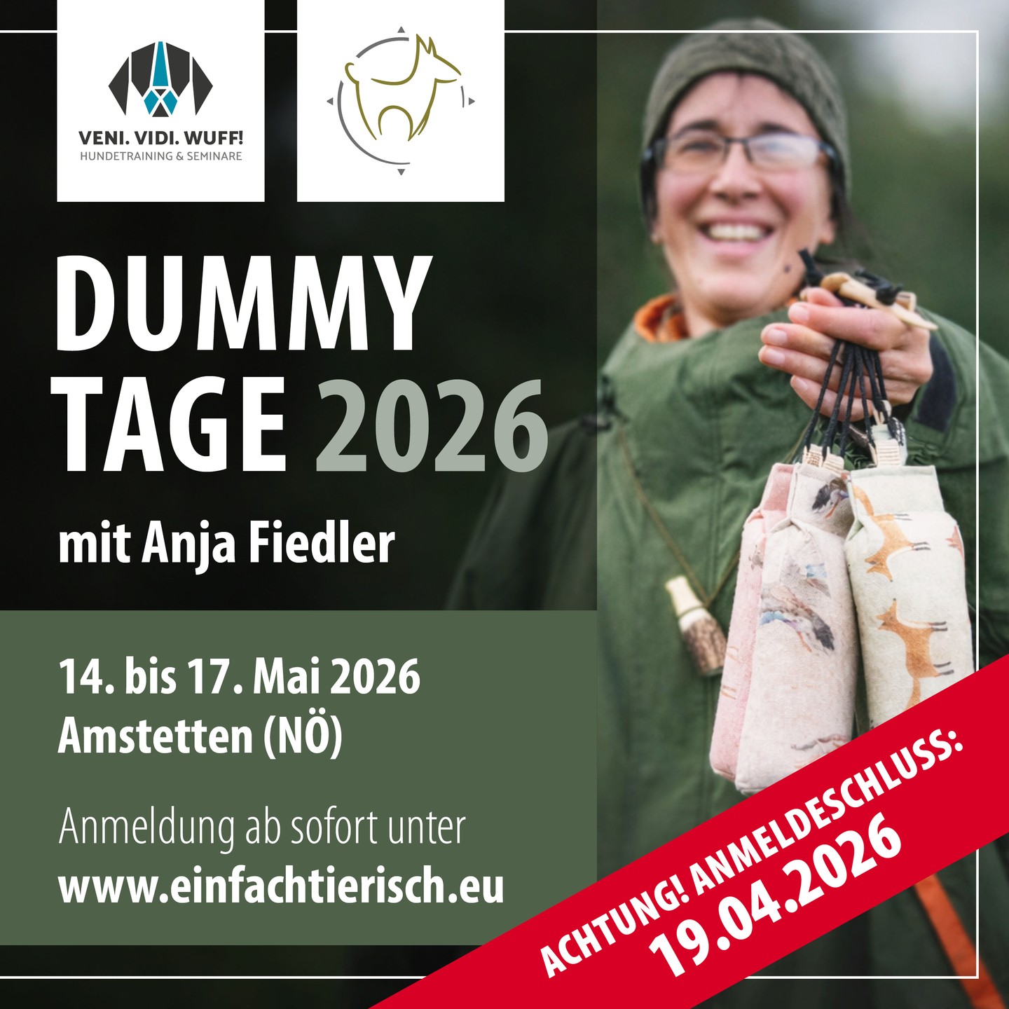 Liebe Dummy-Community! Nicht verpassen! Wer dabei sein möchte - der Anmeldeschluss ist der 19.04.2026!
Alle Details zu den Dummytagen findet ihr hier: https://www.einfachtierisch.at/veranstaltungen
#dummytrainerin #dummyarbeit #dummytraining #apportieren #hundetraining #GunDogTraining #RetrieverTraining #Jagdersatztraining #WorkingDog