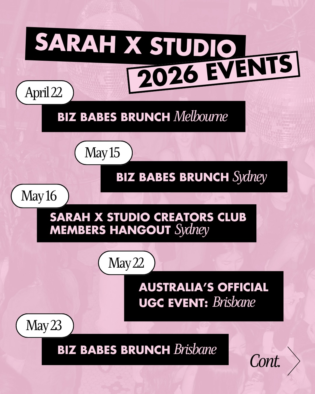Will you be there? 👀 We host high value events where only the hottest UGC Creators and Business women are seen at 💅🏼🫢
Seriously though…to be seen at a Sarah X Studio event…ICONIC.
And this year we’re spreading the love across four cities 🩷
⭐️ BIZ BABES BRUNCH — Stay tuned on our stories & DM us for RSVP links
🥂AUSTRALIA’S UGC EVENT — Link in bio for Brisbane & Perth tickets. Secure your spot now!
💖 MEMBERS HANGOUTS — Check Creators Club Weekly Deep Dive emails for registration links
.
.
.
#networkingevents #womeninbusiness #bossbabesaustralia #networkingeventsaustralia #ugccreatoraustralia