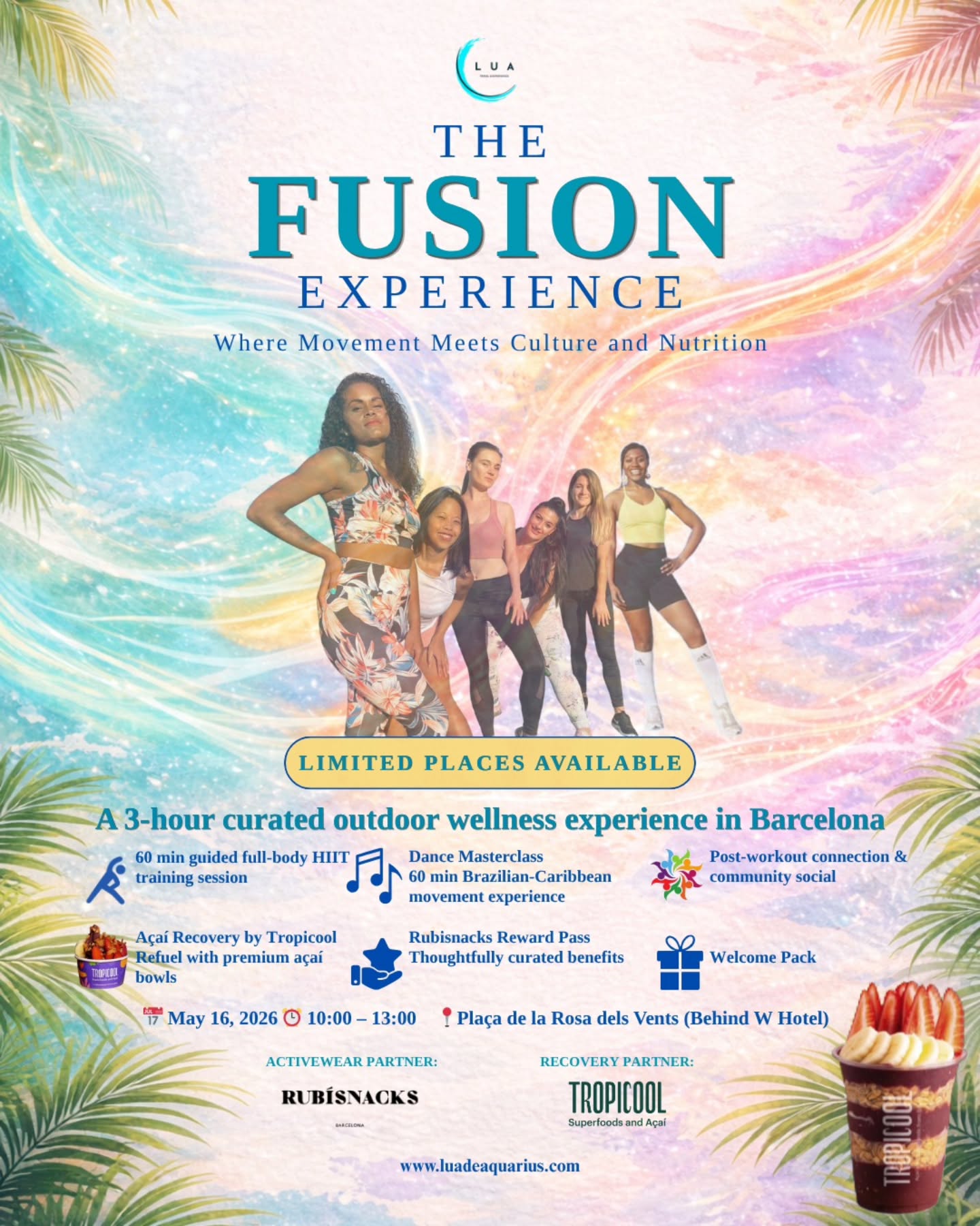 THE FUSION EXPERIENCE IS HERE ☀️
A Brazilian–Caribbean fusion wellness experience
by Lua de Aquarius, in collaboration with @tropicool_espana and @rubisnacks.barcelona
Barcelona, you’re invited to a 3-hour curated outdoor experience where movement, music, and community come together by the sea 🌊
This is not just a workout
It’s a space to move, connect, and recharge- together
What to expect:
⭐ A guided full-body training session by @_jeune_instructor_
⭐ A Brazilian–Caribbean dance masterclass
⭐ A relaxed post-session community gathering
⭐ Nourishing açaí by Tropicool
⭐ Thoughtfully curated touches by Rubísnacks Activewear
⭐ A welcome pack for each guest
📍 Plaça de la Rosa dels Vents, Barcelona (Behind W Hotel)
📅 Saturday, May 16
⏰ 10:00 – 13:00
Early access tickets are now available.
Places are limited to keep the experience intimate.
Tap the link in bio to reserve your place.
Come for the movement.
Stay for the connection.
Leave with the experience.
#luaexperiences #barcelona #events #wellness #community