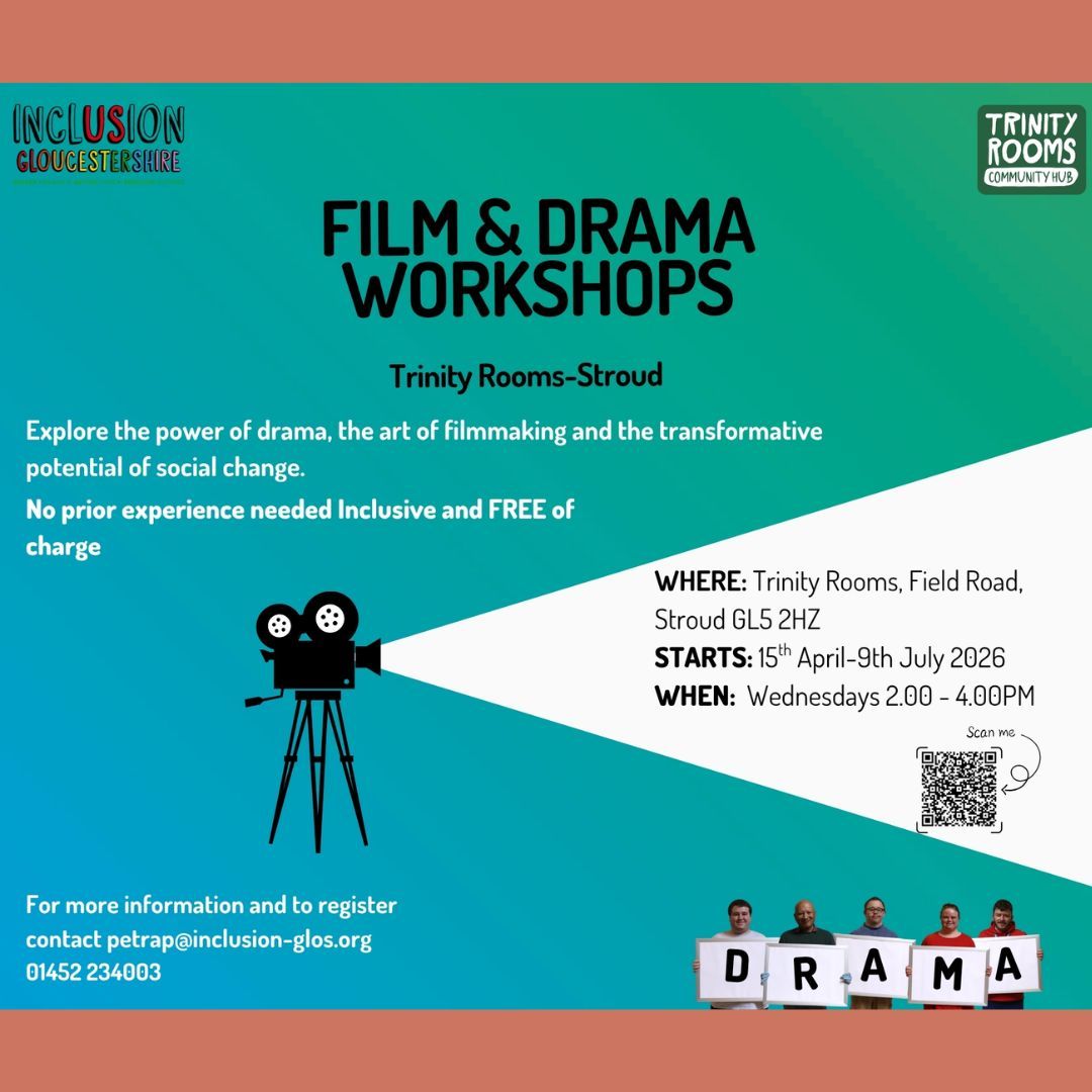 Are you ready to embark on a creative journey that combines the power of storytelling, the art of filmmaking, and the transformative potential of social change?
Another set of the fantastic Inclusive Film and Drama courses with Inclusion Gloucestershire will be running again from Wednesday 15th April at our Trinity Rooms Community Hub in Stroud.
Learn Forum Theatre, Drama and filming skills, whilst making new friends.
If interested contact @inclusiongloucestershire directly on 01452 234003
#Stroud #Events #Workshop #MediaStudies #gloucester #Community #Theatre #Creativity #Gloucestershire #film #drama #inclusion