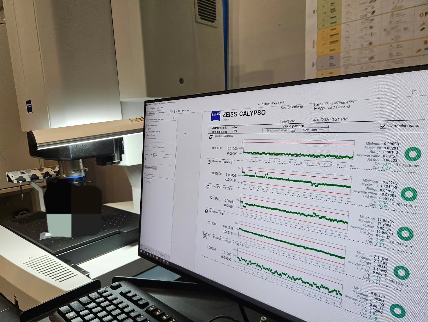 Take a moment to look at these numbers.
Each green dot represents an individual part that has had its features measured on our zeiss CMM. The row of green dots shows the trend of the measurements throughout the production run. The process capability (cp and cpk) is calculated for each feature, and over a run of 100s of parts, we are able to hold a very tight cpk on what is a very tight set of tolerances!
It's relatively easy to make something well... once. But doing it 1000s of times, with 100% quality, well- you can't hide behind the data.
and yes, everything is in metric.
NH Micro