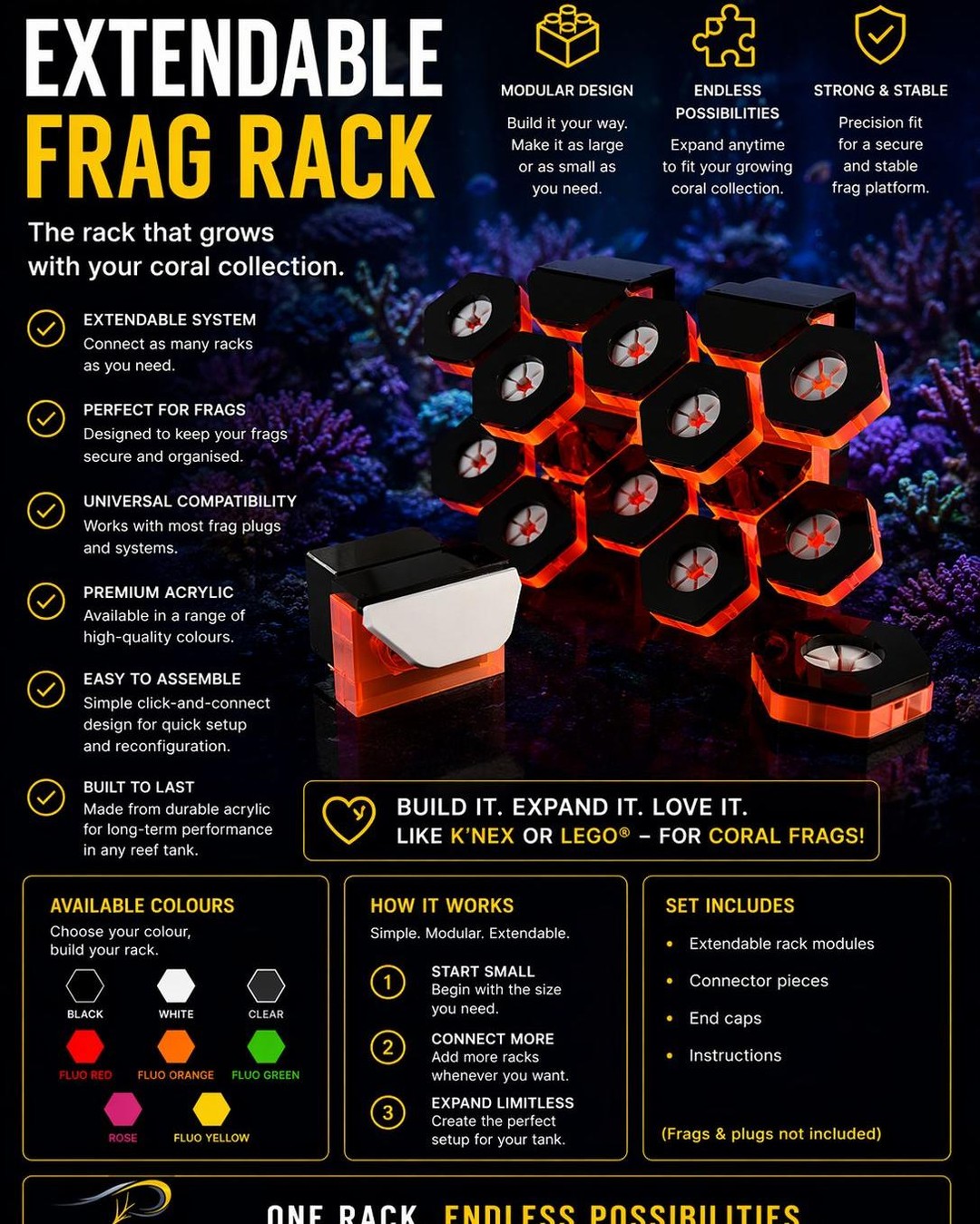 🔶 EXTENDABLE FRAG RACK 🔶
The rack that grows with your coral collection.
Tired of running out of space as your frags grow? Our Extendable Frag Rack System is designed to evolve with your reef — build it as small or as large as you need, whenever you need.
Think K'NEX or LEGO®… but for coral frags.
🔧 Why you'll love it:
✔ Fully modular – expand anytime
✔ Strong, secure connection system
✔ Keeps frags organised and stable
✔ Quick and easy to assemble
✔ Clean, premium acrylic finish
🎨 Available in:
Black • White • Clear • Fluo Red • Fluo Orange • Fluo Green • Fluo Rose • Fluo Yellow
Whether you're just starting out or scaling up your frag system, this is the ultimate flexible solution.
💡 Build it. Expand it. Love it.
Shop now:
UK: https://www.thepolyppros.co.uk/shop
EU: https://www.thepolyppros.eu/category/the-polyp-pros-extendable-frag-racks-long
#ThePolyPPros #ExtendableFragRack #FragRack #ReefKeeping #CoralFrag #AcrylicRack #FragSystem #ReefTank #CoralKeeper #MarineAquarium #ReefAddict #CoralAddict #AquariumAccessories #FragPlug #ReefNerd #CustomAquarium #AquariumHobby #ReefKeeper #CoralFarming #SustainableReef #ReefCommunity #AquariumLife #UnderseaWorld #CoralGrowth #ReefSetup #AquariumSetup #ModularDesign #AllMyMoneyGoesToReef #ILoveMyJob