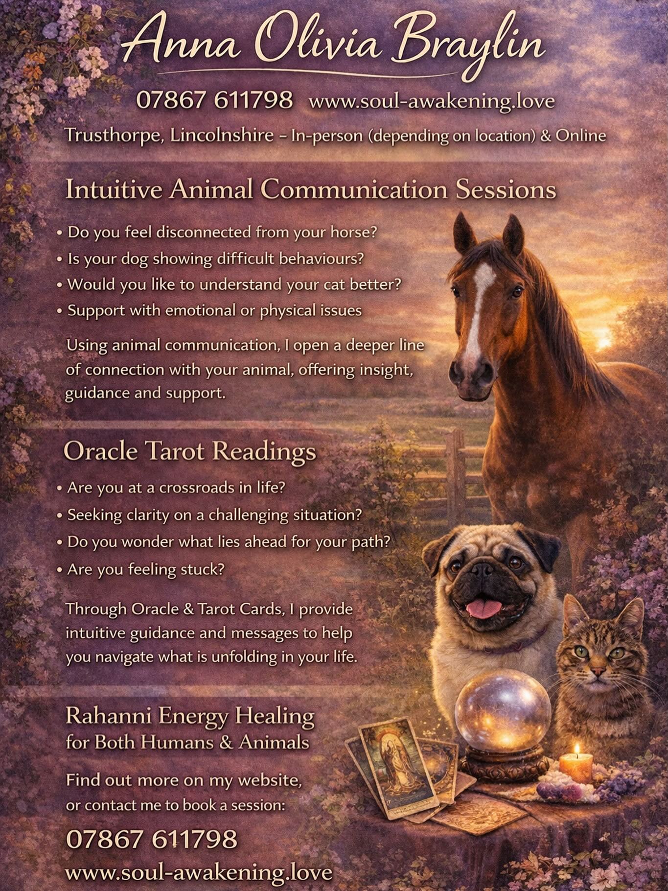 If you’ve been feeling the pull for clarity, connection, or something deeper… this might be for you 💫
I offer intuitive sessions for both humans and animals — supporting you in understanding what’s really going on beneath the surface, whether that’s within yourself or with your horse, dog, or cat.
Sessions available online or in person (depending on location).
If you feel called, you can find out more or book here ⬇️
https://www.soul-awakening.love/
📩 Or feel free to message me directly