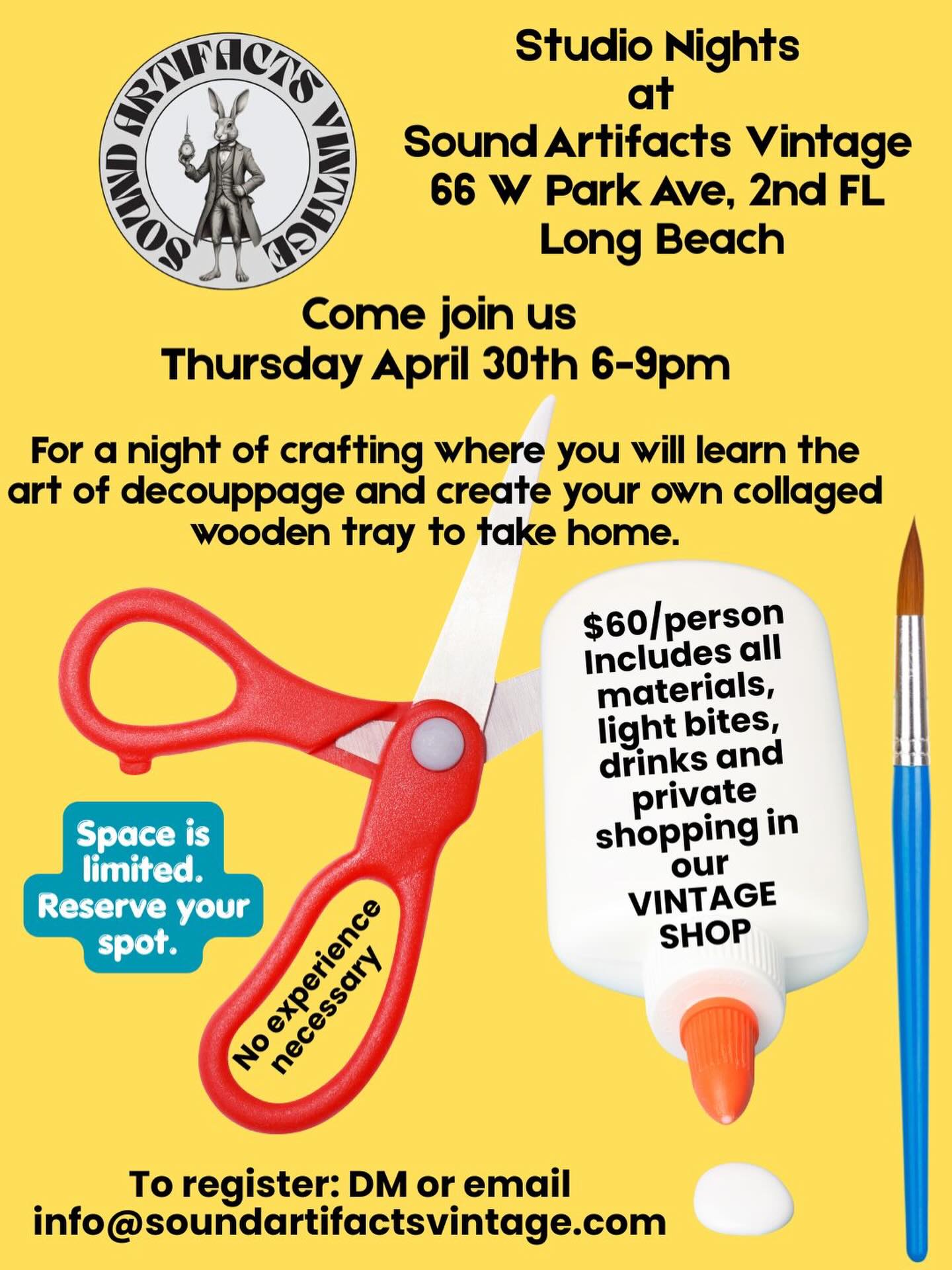 Sound Artifacts Vintage ~ Studio Nights provide small group craft workshops where you can explore and express your creativity. DM or email today for more info or to reserve your spot for April 30th.
#vintage
#vintageshop
#vintageephemera
#decoupage
#craftworkshop