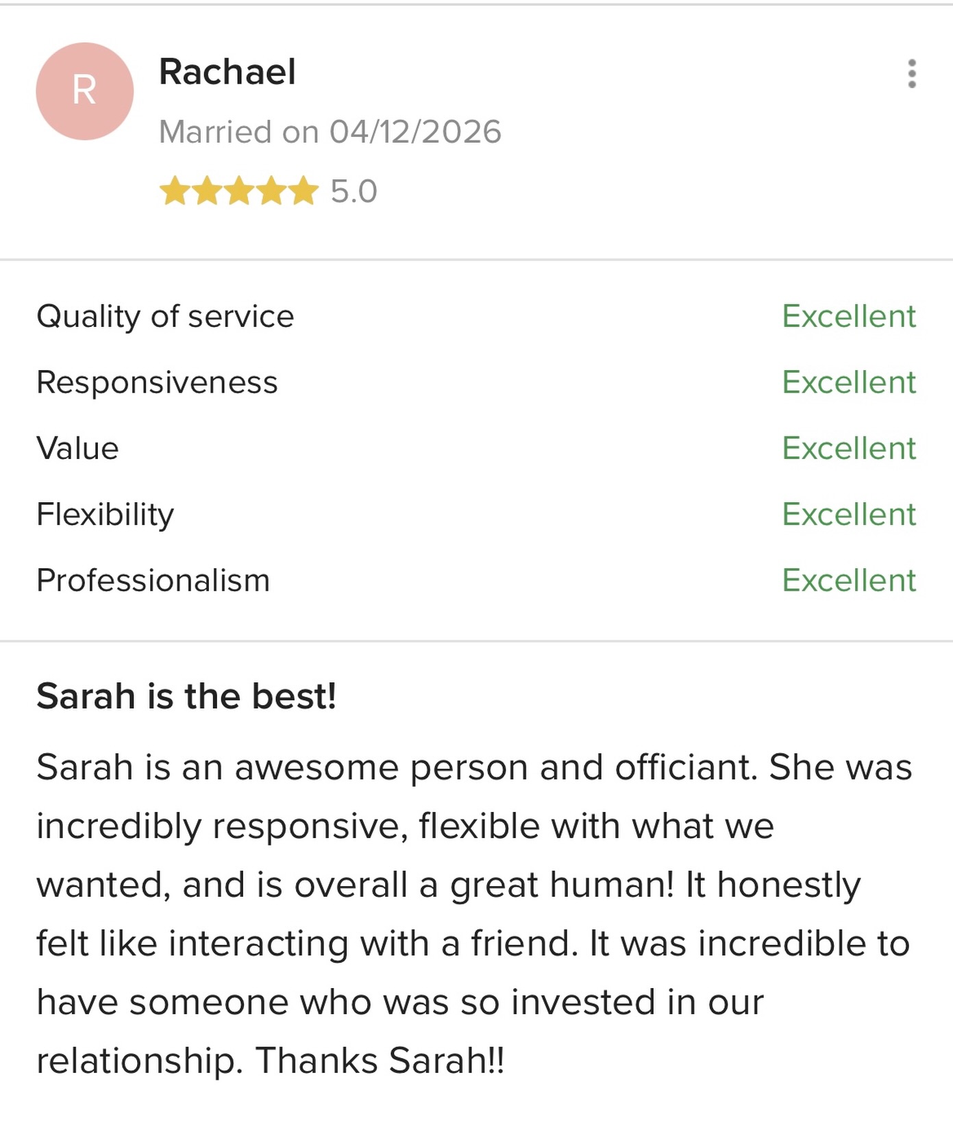 My latest review! Thank you! 🩷
Wedding Officiant | CT Wedding Celebrant | Personalized Ceremonies | Justice of the Peace | Destination Weddings | Elopements | Vow Renewals | Wedding Day Officiant | Marriage Celebrant | Hartford CT
Sarah Sullivan is a wedding officiant and Justice of the Peace based in Connecticut who creates personalized, meaningful wedding ceremonies for couples locally and beyond. She specializes in custom wedding scripts, elopements, and destination weddings that reflect each couple’s unique love story.