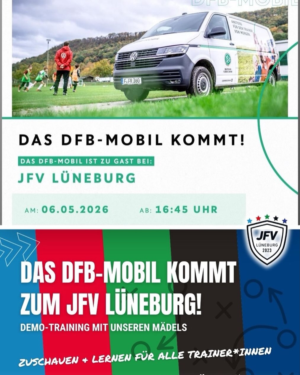 🚐⚽️ Das DFB-Mobil kommt zum JFV Lüneburg!
Am 06.05.2026 ist es soweit: Das DFB-Mobil macht Halt bei uns im Verein! 🙌
Freut euch auf eine spannende Demo-Trainingseinheit mit unseren JFV-Mädels, geleitet von qualifizierten Trainer*innen des Deutscher Fußball-Bund.
👀 Zuschauen & Lernen ausdrücklich erwünscht!
Eingeladen sind alle interessierten Trainerinnen und Trainer, Eltern sowie fußballbegeisterte Kinder. Nutzt die Gelegenheit, den Aufbau und Ablauf eines modernen, altersgerechten Trainings hautnah mitzuerleben.
📚 Fortbildung inklusive
Im Anschluss an die Praxiseinheit findet ein Austausch statt, bei dem ihr wertvolle Einblicke in die Trainingsphilosophie bekommt, Fragen stellen könnt und – unter bestimmten Voraussetzungen – Punkte für die Lizenzverlängerung sammeln könnt.
💡 Eine perfekte Gelegenheit, neue Impulse für das Kinder- und Jugendtraining mitzunehmen! 📩 Bei Fragen meldet euch gerne beim verantwortlichen Trainer.
#dfbmobil #dfb #jfvlueneburg #kinderfussball #trainerfortbildung meineheimatmeinverein