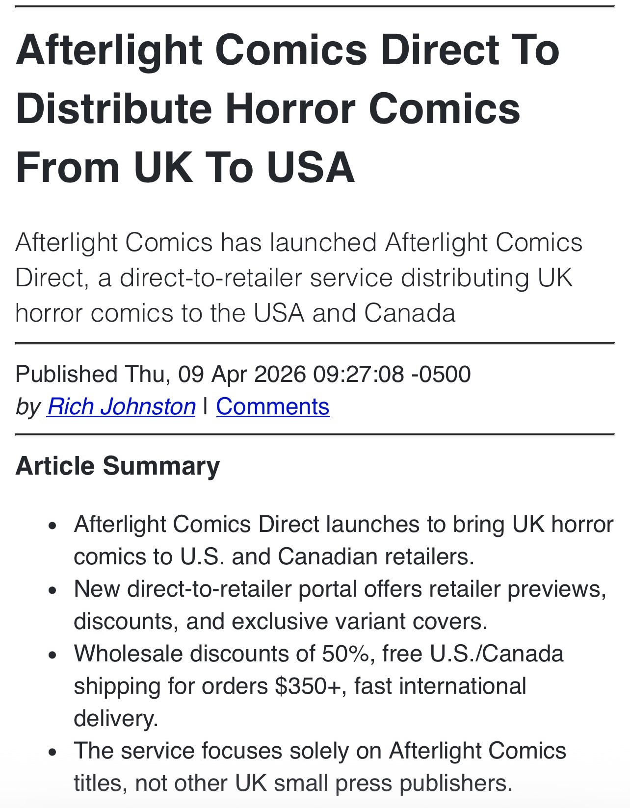 The word is spreading / @bleedingcoolnews
Comic shops can now order Afterlight Comics directly from the publisher, including our new monthly previews featuring horror releases and archive titles.
If you want to see more horror comics in your local store, tag them below and let them know about Afterlight Comics Direct.
Comic Shops Apply via link in bio 🔗