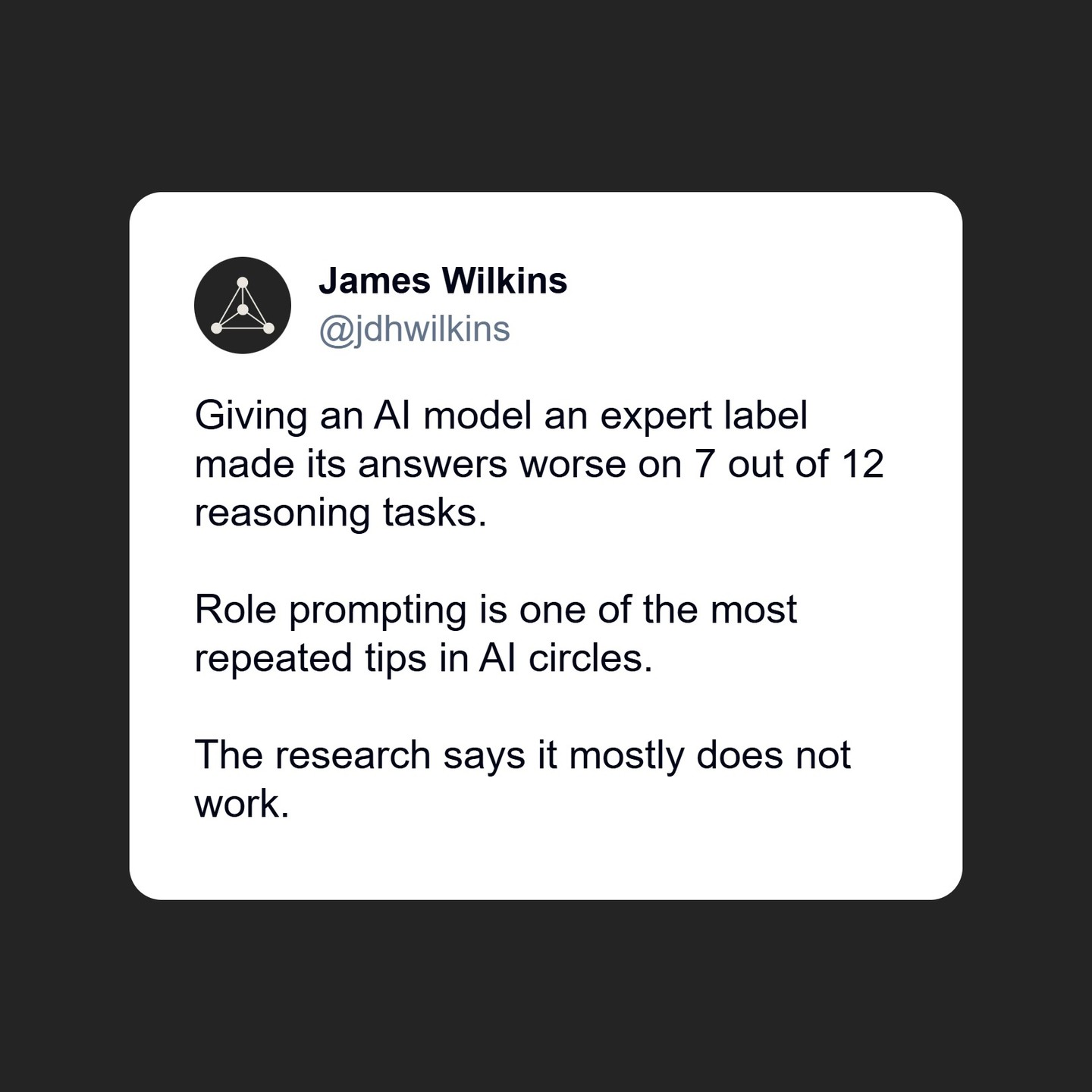 Giving an AI an expert persona makes its reasoning worse not better.
Research across four major language model families found that role prompting had no effect on performance, or a small negative one, compared to prompts with no persona at all. On Llama 3, persona-based prompts produced worse results than neutral prompts on seven out of 12 reasoning datasets. Where role prompting does help is tone-sensitive work. Assigning the model a specific editorial perspective narrows its responses toward useful priorities without claiming to add knowledge it does not have. Use role prompting to shape how the model responds, not what it knows.
Read more at the link in my bio.