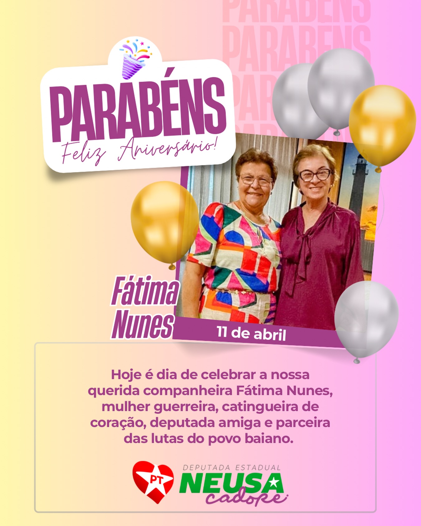 Hoje é dia de celebrar a nossa querida companheira Fátima Nunes, mulher guerreira, catingueira de coração, deputada amiga e parceira das lutas do povo baiano. 💐
Parabéns, Fátima! Que sua caminhada siga sendo de força, sabedoria e compromisso com quem mais precisa. Vida longa, saúde e muitas conquistas! ✨