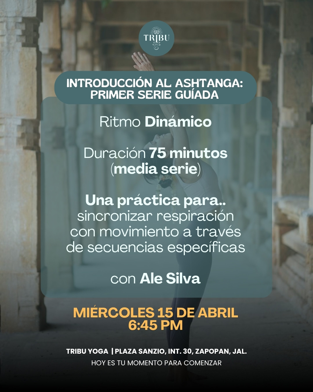 ✨ Introducción al Ashtanga: Primera serie guíada (media seria)
🌻 Clase introductoria a la primer serie de Ashtanga guíada. En esta clase, practicarémos una parte de la primer serie para crear conocimiento de la práctica como iniciación.
No necesitas tener experiencia, la práctica es guíada, adaptada a cada practicante y el objetivo es el disfrute a través del movimiento.
📅 Miércoles 15 de Abril
⏰ 6:45 PM
📍 Tribu Yoga - Plaza Sanzio, Int-30 (Zona Galerías)
Imparte @amegha_silva
Aportación: $200 ó una clase de tu paquete
Clase Especial - Cupo Limitado
¿Qué esperas?
Reserva ahora en nuestra app o DM.
Este es el momento que estás buscando para iniciar tu práctica
#somostribugdl #ashtanga #yogaparatodos #zapopan #ashtangi