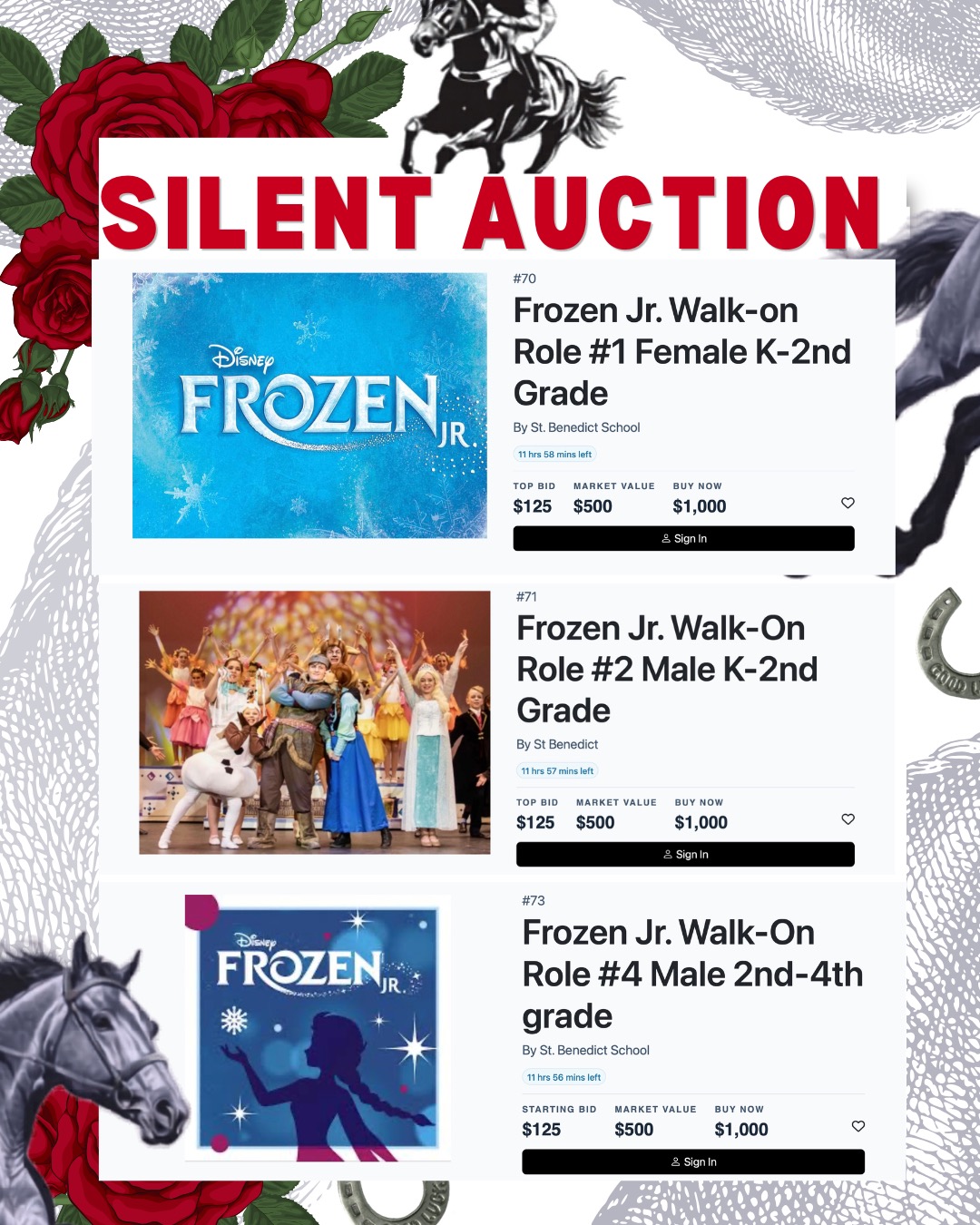 Lights, Sound, Action! Do you have a budding actor, singer, dancer in your household? Don't miss out on the opportunity to bid on 4 Silent Auction Specials: Walk-On Roles for our upcoming "Frozen" school musical!
🎟️https://runfortheroses2026.ggo.bid/n/package/15116974
🎟️ https://runfortheroses2026.ggo.bid/n/package/15116962
🎟️ https://runfortheroses2026.ggo.bid/n/package/15116975
🎟️ https://runfortheroses2026.ggo.bid/n/package/15116976