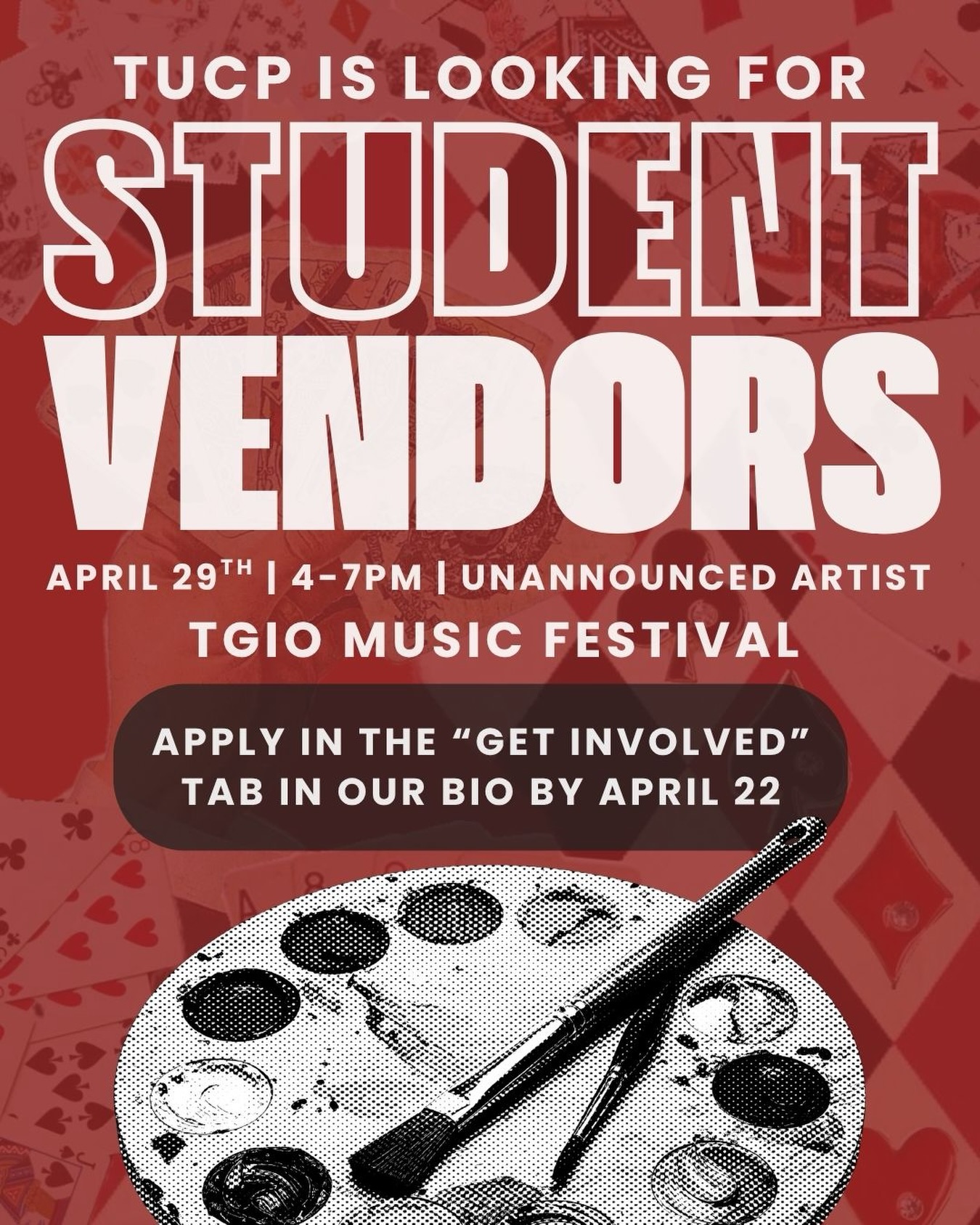 Are you a student with art🎨, clothes🧢, jewelry 💍, or something else to sell? TUCP is in search of STUDENT VENDORS to join us for our end of year music festival TGIO, Thank God It’s Over, to celebrate the last day of classes with us🙌🎰♠️♦️ Thank God it’s Over will be held on April 29th starting at 4PM and running through 7PM‼️Apply NOW through the Get Involved tab in our bio👆 Applications are open now until April 22nd - apply before they close!