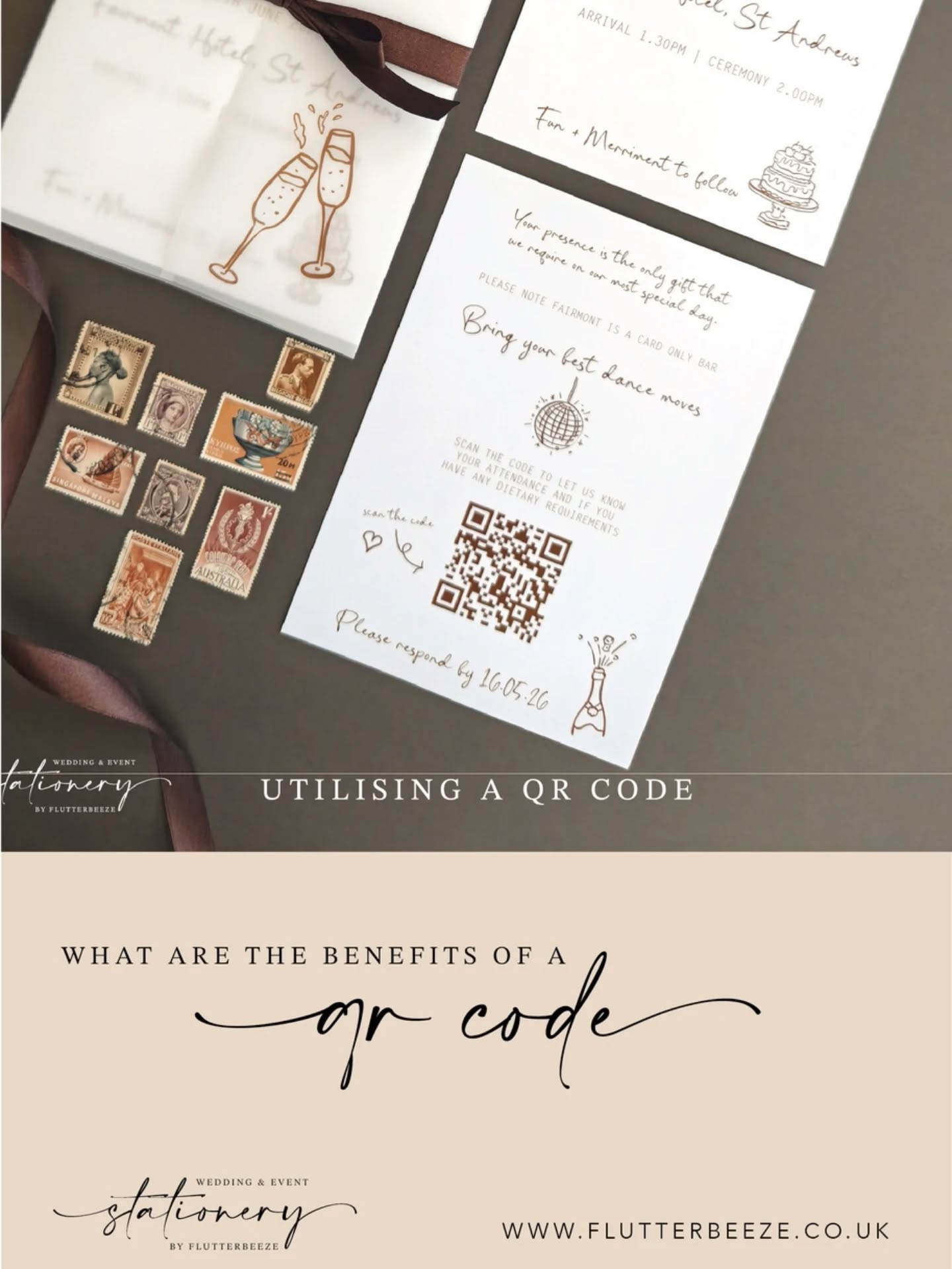 QR Code
I now have a downloadable brochure on my website to explain more about how to use a QR code on your wedding invitations and where they can scan to.
Have a browse through the photos above to read how a QR code could be used for you.
If you have any questions please reach out and let's start your stationery journey together.
Kirsty 🌿
www.flutterbeeze.co.uk