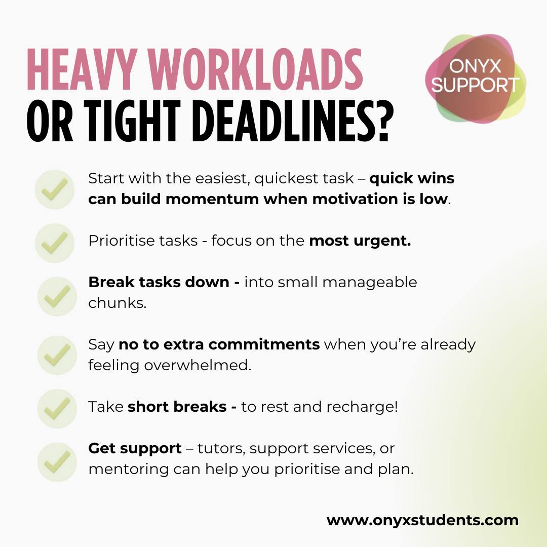 Heavy workloads and tight deadlines can feel overwhelming, especially when everything seems urgent at once. đ
If youâre feeling under pressure, youâre not failing, youâre responding to a demanding situation.
A few gentle reminders:
⢠you donât have to do everything at once
⢠breaking work into small steps still counts as progress
⢠rest is part of the timetable, not a reward
⢠itâs okay to say no when youâre already stretched
⢠asking for support early can ease the pressure
Progress matters more than perfection. Be kind to yourself, youâre doing the best you can with what you have right now. đą
www.onyxstudents.com
#UniversityLife #StudentWellbeing #StudySupport #MentalHealthAtUni #OnyxStudents #Deadlines #Workload #Exam #Student #University #DisabledStudent #DSA #DSASupport
