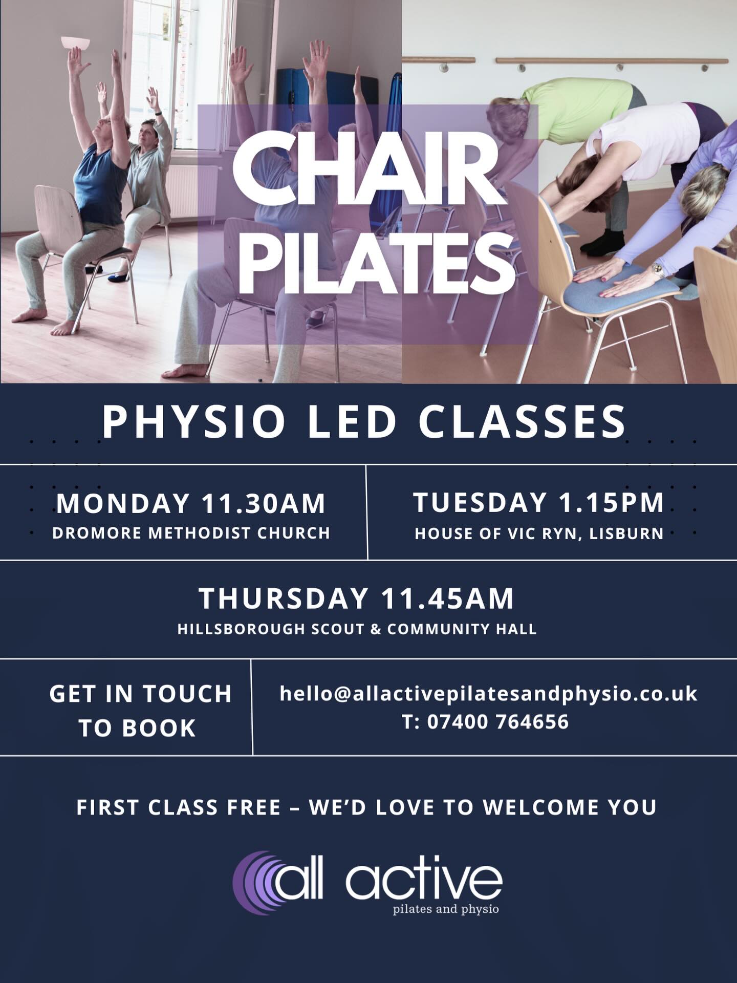 ✨ NEW Chair Pilates Classes Now Available! ✨
We’re excited to introduce our Chair Pilates classes across Lisburn, Hillsborough, and Dromore led by our experienced Physios Catherine, Libby, and Suzanne 💜
🗓 Class Times:
📍 Lisburn – Tuesdays 1:15pm (starts 22nd April) with Catherine
📍 Hillsborough – Thursdays 11:45am (starts 16th April) with Suzanne
📍 Dromore – Mondays 11:30am (starts 13th April) with Libby
Our Hillsborough class is already a huge success, with amazing feedback from clients enjoying this supportive, accessible, and effective format 🙌
💬 “Really enjoyed the class with Suzanne and great to be back!”
💬 “The Chair class has helped me to move and strengthen muscles.”
🌿 Why try Chair Pilates?
✔ Improve strength, balance & mobility
✔ Support joint health with low-impact exercise
✔ Suitable for conditions like Osteoporosis, Osteoarthritis, MS & post-surgery recovery
✔ Perfect for beginners or returning to exercise
✔ Build confidence with movement
✔ Adaptable to suit all abilities
Whether you’re managing a condition, staying active, or looking for gentle exercise in a welcoming environment — this class is for you 💫
🎉 First class FREE trial available!
📩 Get in touch by phone or email to book your place
👯♀️ Know someone who would benefit? Share this with them!
We’d love to see you there 💜
The All Active Pilates & Physio Team x