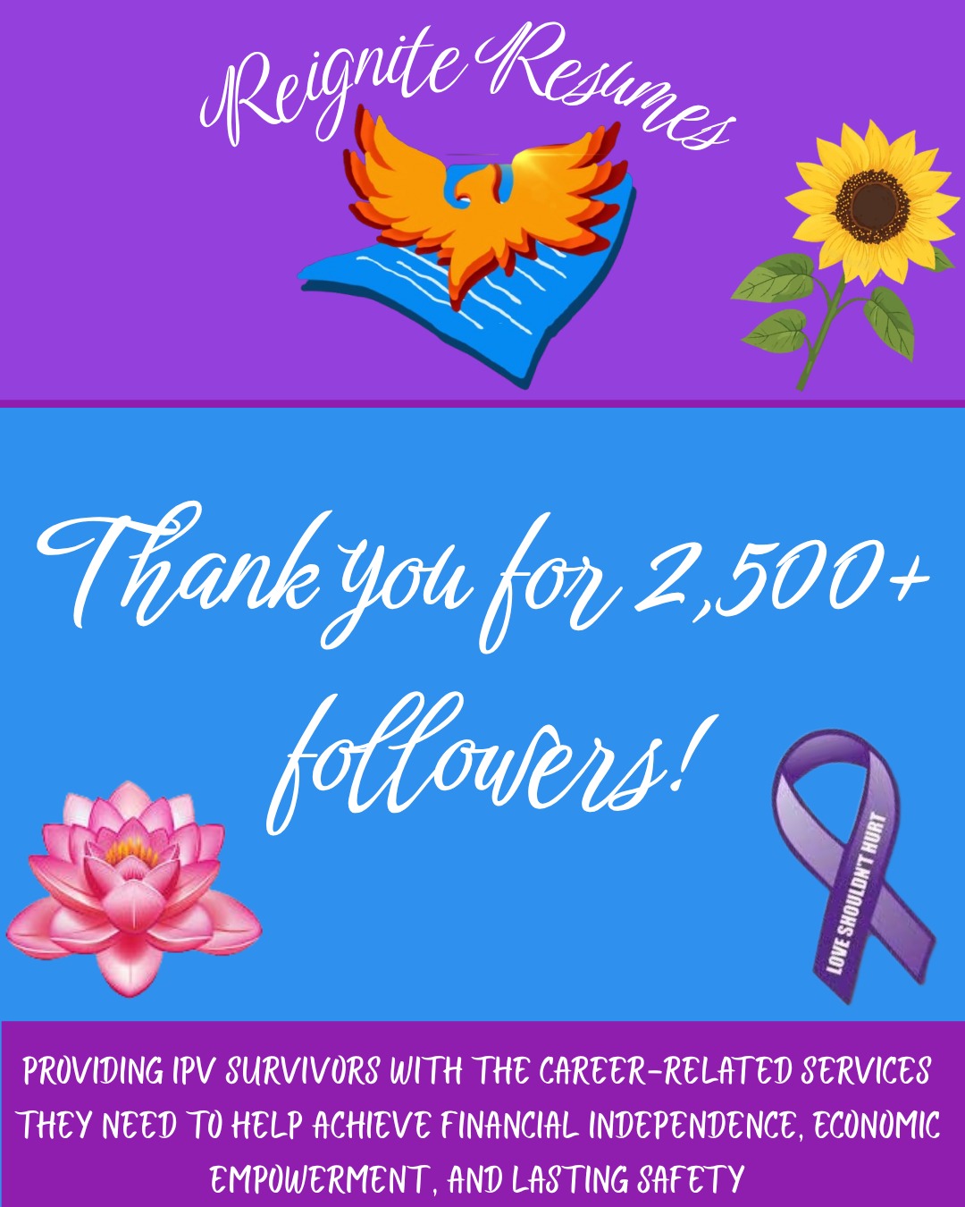We just reached 2,500 and we're just getting started! As always, we are honored to be part of this dynamic community of changemakers. We are so incredibly grateful for your support. 🫶🫶🫶
#reigniteresumes #npo #nonprofit #youthled #femaleled #resume #resumes #recruitment #domesticviolence #ipv #youthleaders #youthleadership #domesticviolenceawareness #domesticviolenceawarenessmonth #milestones