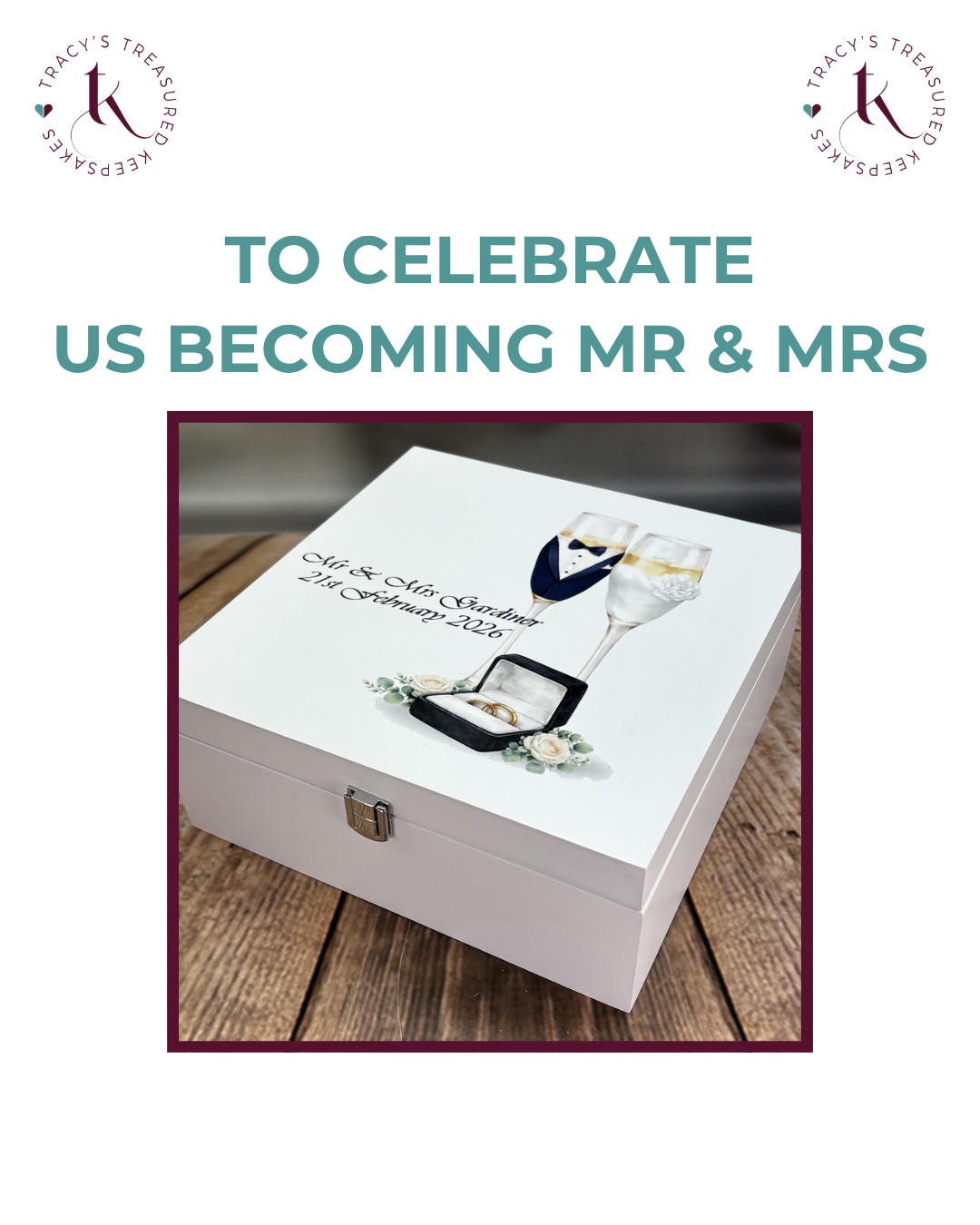 When Lorraine saw me offer the new wedding keepsake boxes with the bride and groom champagne glasses design, she jumped at the chance to order 2!
These boxes are perfect for preserving wedding day treasures, from cards and confetti, to the order of service and special mementos.
Beautifully personalised with your surname and made to last.
#TracysTreasuredKeepsakes #SmallBusinessUK #PersonalisedKeepsakes #HertsCustomKeepsakes #HandmadeGiftsUK