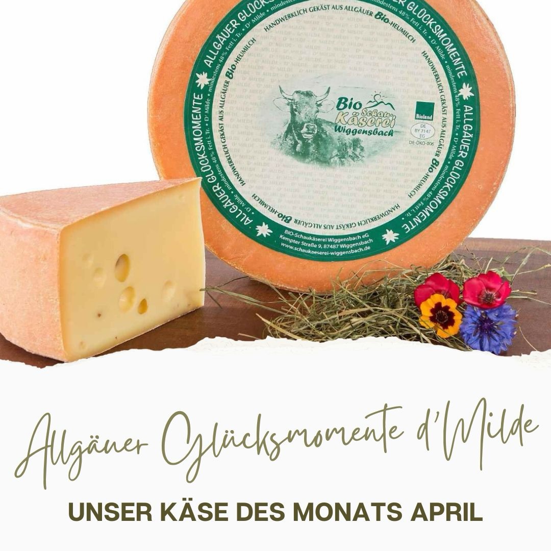 Im ersten Post hatte sich ein Fehler eingeschlichen. Wir bleiben bei einer milderen Käsevariante, aber aus unserer Glücksmomente Reihe😅: Unser Allgäuer Glücksmomente d’Milde. Unsere jugendliche Bergkäsevariante besticht durch seinen aromatischen reinen, leicht buttrig frischen Geschmack mit mild würzigem Charakter. #bioheumilchkäse #bergkäse #mild #allgäu #bioheumilch