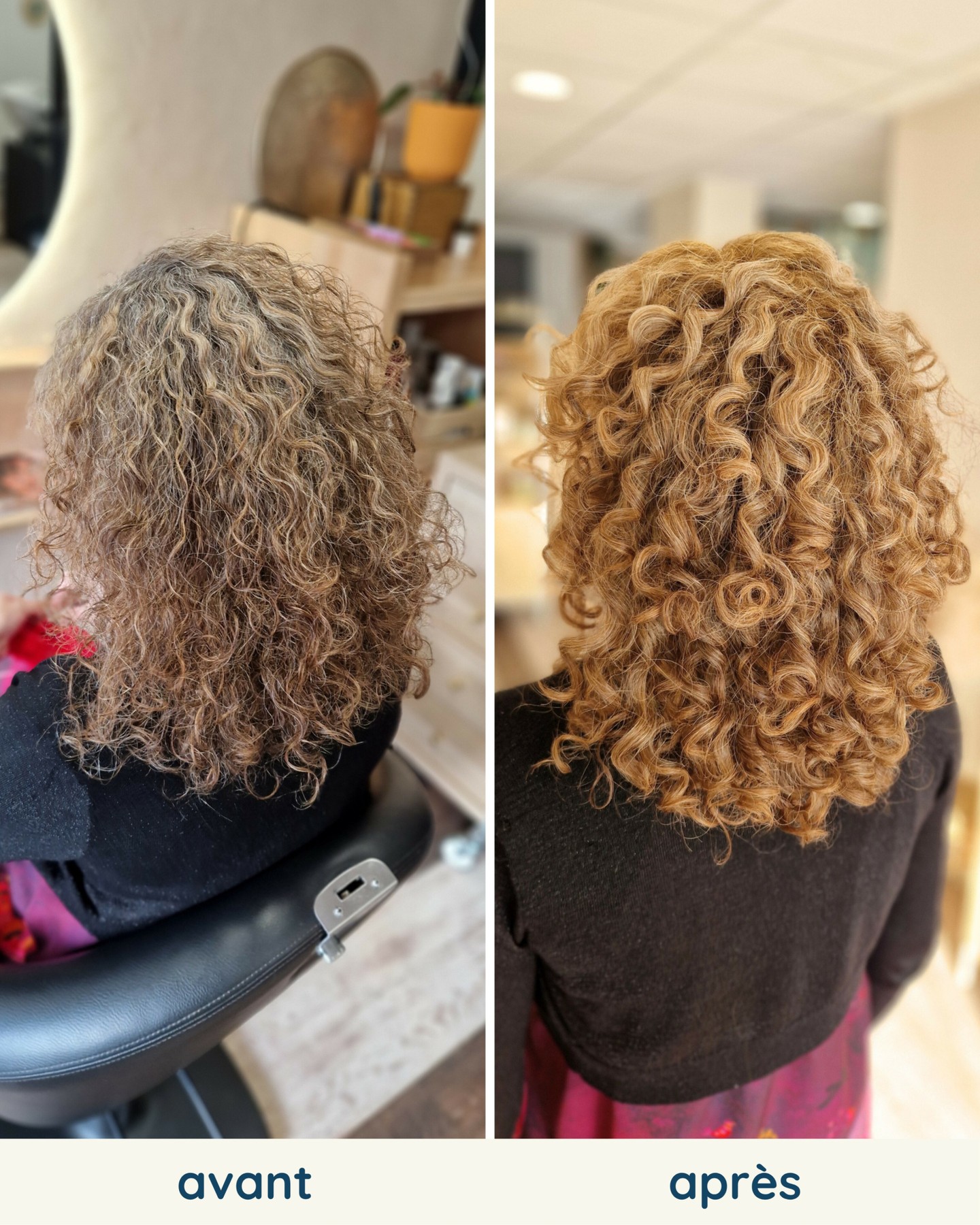Une transformation tout en lumière ✨
Coloration végétale blond pour apporter chaleur et éclat, associée à une coupe et un coiffage qui révèlent les boucles…
Résultat : des cheveux lumineux, en pleine santé et pleins de relief 🌿