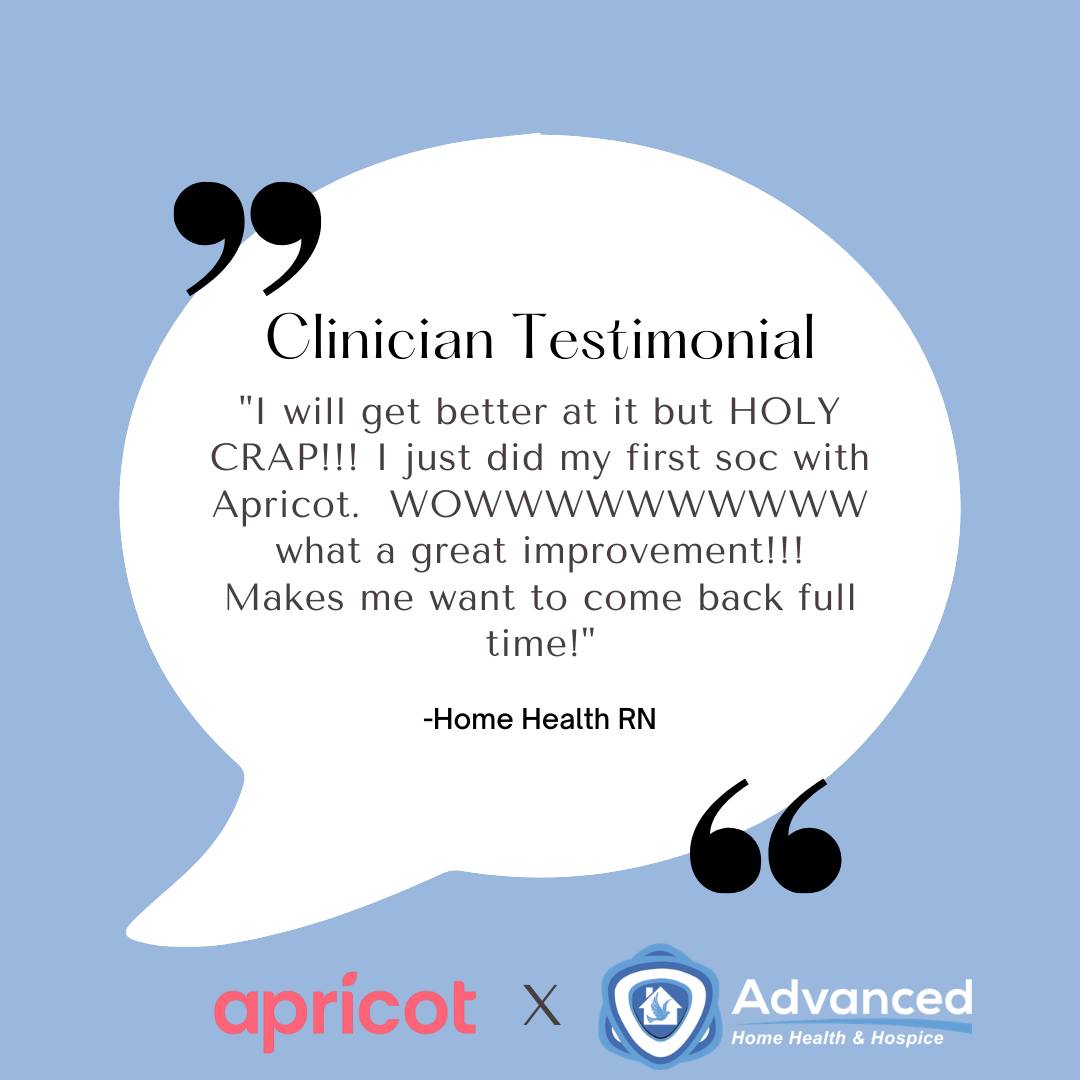 Supporting our clinicians with tools that make a difference. Apricot AI is simplifying Start of Care documentation and improving workflow across the board.
#AdvancingTogether #HomeHealth #Hospice #ApricotAI
