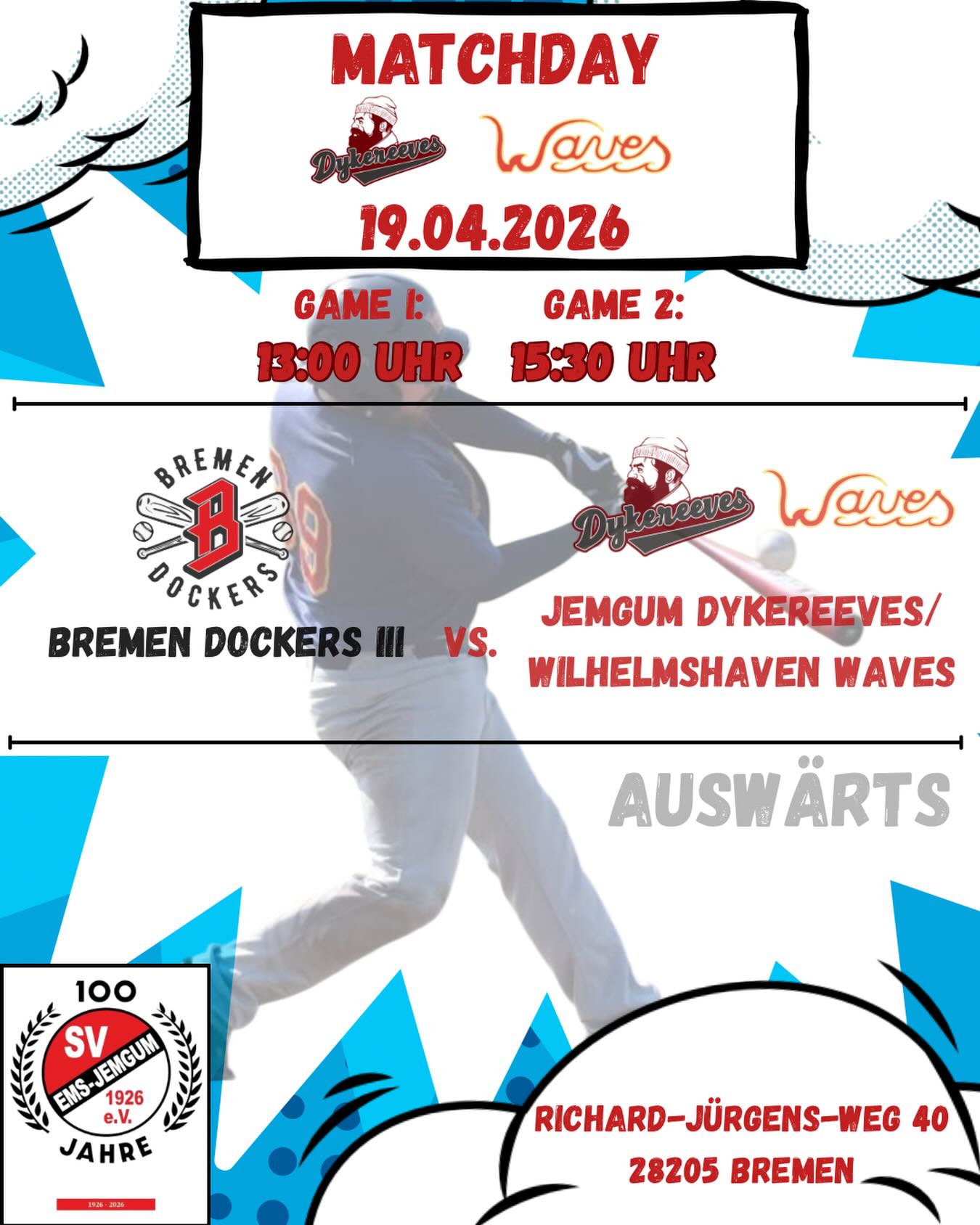 Die Saison 2026 startet endlich - wir fahren Sonntag mit unser neuen SG mit den @wilhelmshaven_waves nach Bremen zu den @bremen_dockers III!
Mal sehen, wie der Start laufen wird.
#dykereeves
#deichgrafen
#baseballinjemgum
#neunzehn26
#nbsv