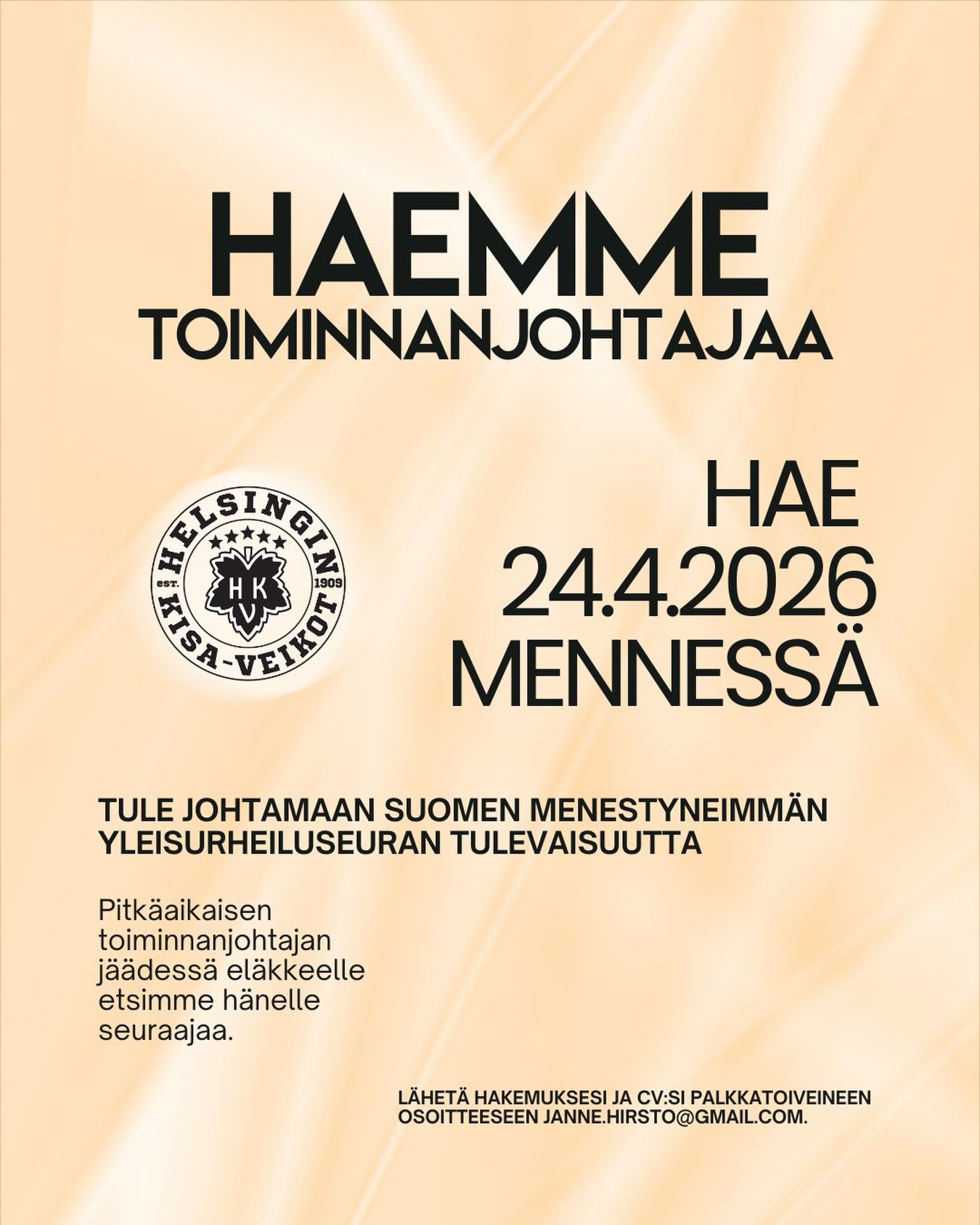 Lisätietoja tyÜpaikasta lÜydät nettisivuiltamme:
https://www.hkv.fi/post/haemme-toiminnanjohtajaa
Toivottavasti pääsemme kuulemaan sinusta pian!đŤľđť