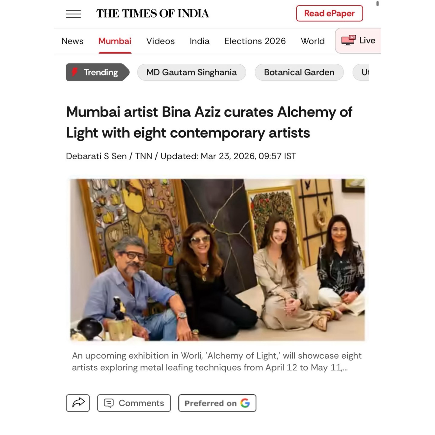 Press coverage featuring Laila Khan Furniturewalla @laila_k_f for Alchemy of Light.
Curated by Bina Aziz @beetlebee
In collaboration with @midastouch.sk
Les Trésors Art Gallery @lestresors__
Media coverage: @timesofindia @bazaarindia @mumbaimirrorofficial
#theartandworldoflaila #lailakhangallery #artgallery #exhibition #mediacoverage