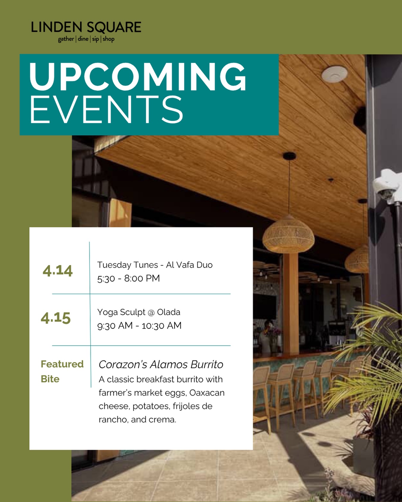 This week at Linden Square👇
• Tuesday, April 14
Tuesday Tunes with Al Vafa Duo🎶
5:30–8:00 PM
Live music in the courtyard with a laid-back, acoustic vibe. Grab dinner, a drink, and settle in for an easy evening with friends.
• Wednesday, April 15
Yoga Sculpt at Olada 🧘
9:30–10:30 AM
A strength-focused flow designed to energize your morning and build full-body strength in a welcoming, all-levels environment.
Featured Bite
Corazon’s Alamos Burrito🌯
A standout breakfast favorite made with farmer’s market eggs, Oaxacan cheese, potatoes, frijoles de rancho, and crema — hearty, flavorful, and the perfect way to start your day.
From slow mornings to sunset music, your week starts here.
Save this post and plan your visit.
#LindenSquare #Carpinteria #805Living #CarpinteriaEvents #EatLocal ShopLocal SupportLocal