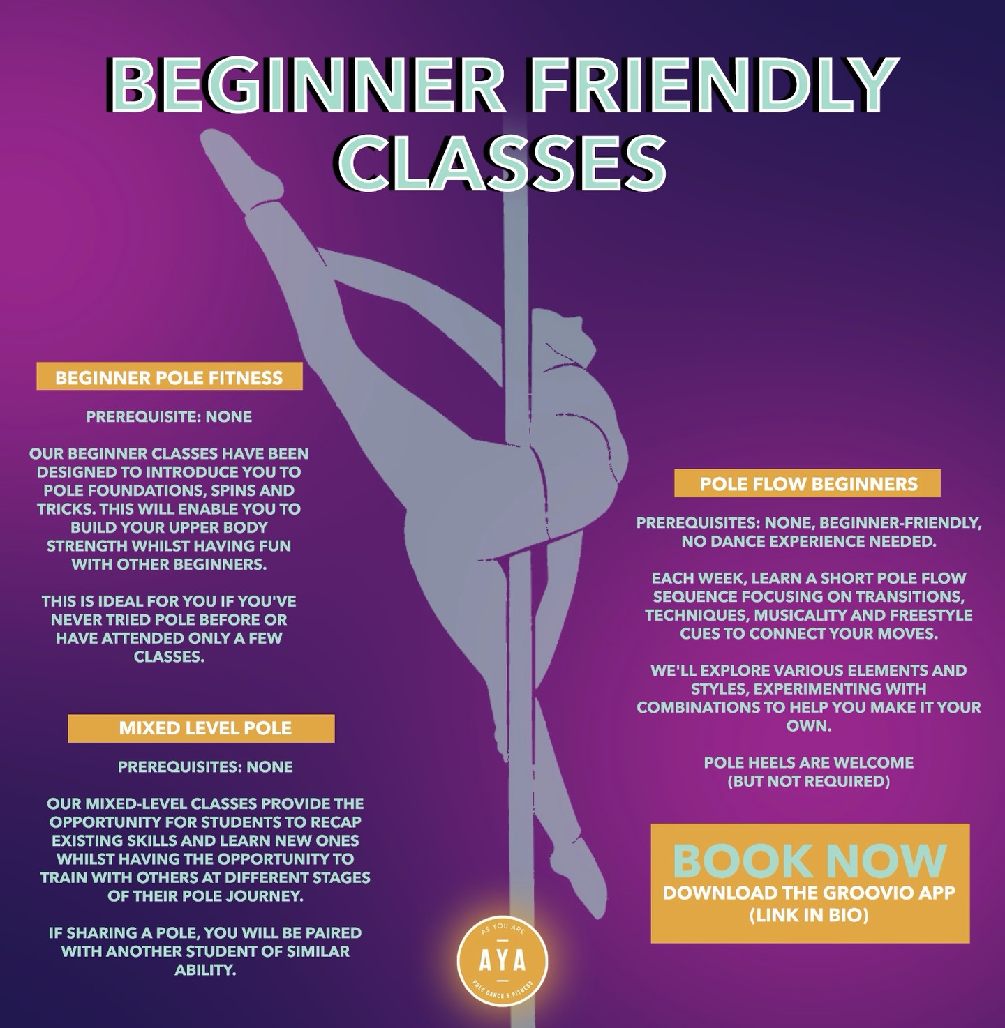 Discover your confidence, strength and style with our Beginner Friendly Pole Classes at AYA Pole! Whether you’re new to pole or just starting to find your flow, we’ve got the perfect class for you 💫
🌟Pole Fitness Beginner: No experience needed! These classes are designed to introduce you to foundational tricks and moves that will help you build your upper body strength.
🌟Pole Flow Beginners: Learn a short pole flow sequence each week, focusing on transitions, techniques, musicality, and freestyle cues to connect your moves. Experiment with different styles and make the routine your own! Heels welcome but not required.
🌟Mixed Level Pole: Our mixed-level classes provide the opportunity for students to recap existing skills and learn new ones whilst having the opportunity to train with others at different stages of their pole journey.
Click the link in our bio start your pole journey today! 🔗