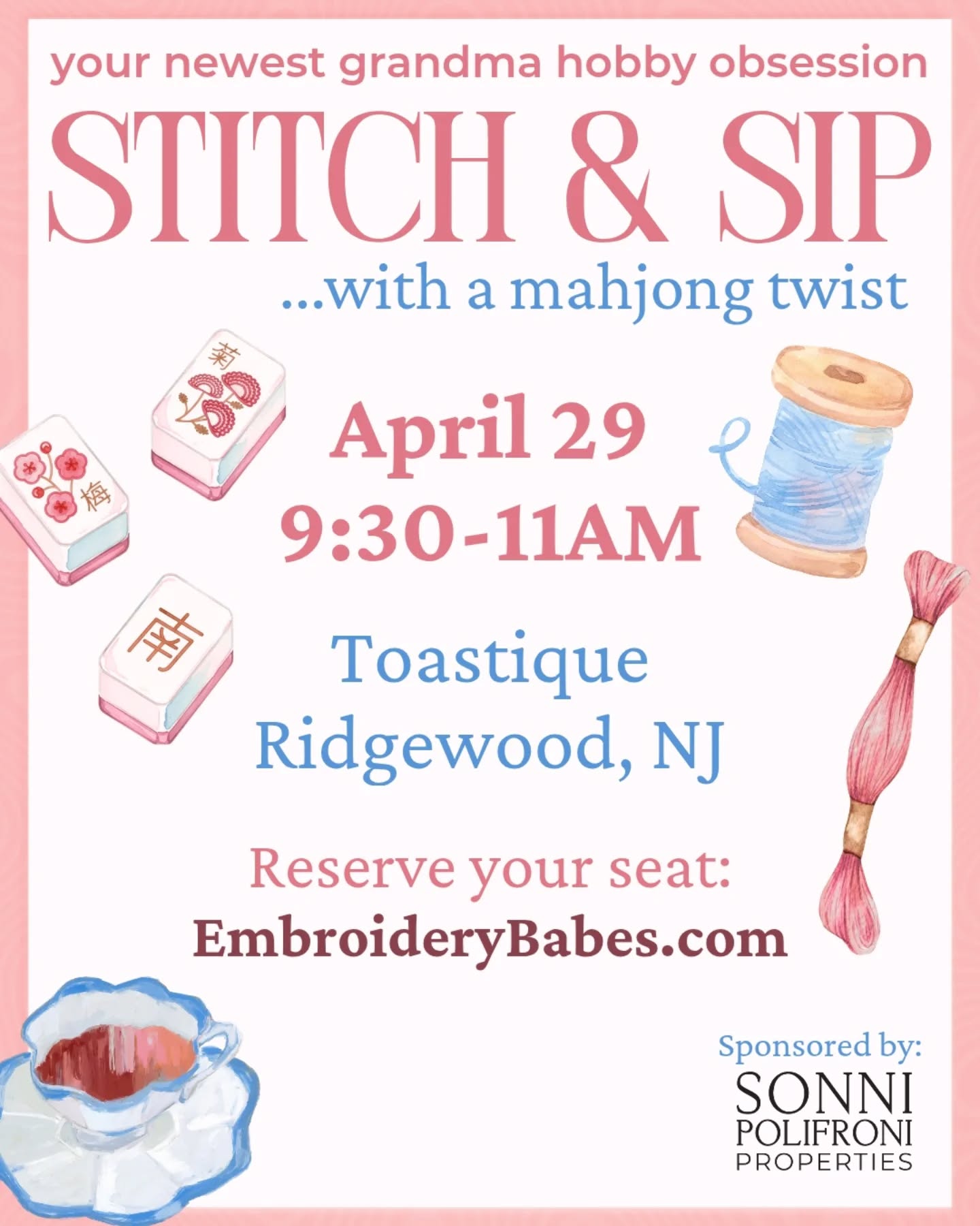 ONLY 8 SPOTS LEFT!
Your newest grandma hobby obsession has arrived 🀄️🧵
Join us for an embroidery workshop with mahjong inspired designs — a beginner friendly, creative morning at @toastiridgewood in Ridgewood. Includes a $10 drink + food voucher courtesy of @movewithsonni .
🗓 April 29
🕙 9:30–11AM
📍 Toastique, Ridgewood
Spots are limited and this one will fill!
🔗 embroiderybabes.com/upcomingworkshops
*Note that this is an embroidery workshop, not mahjong instruction or open play. We will have mahjong inspired as well as our usual designs. See the event link for example projects*
#bergencountynj #ridgewoodnj #njworkshops #embroidery thingstodonj