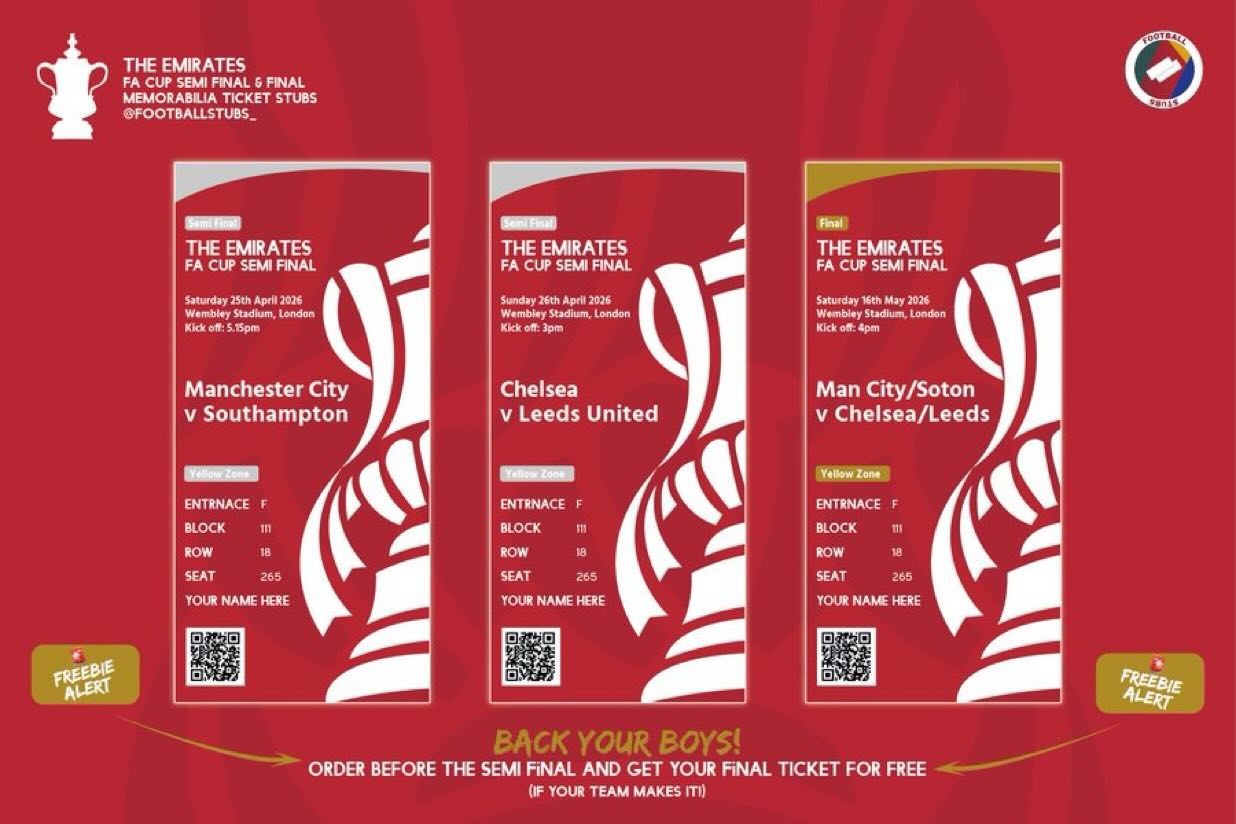 ๐ Itโs almost #facupsemifinal weekendโฆ
Turn your digital ticket stub into a paper ticket and grab a stub to commemorate your trip. Order for the semi final and get a free final ticket if your team makes it!