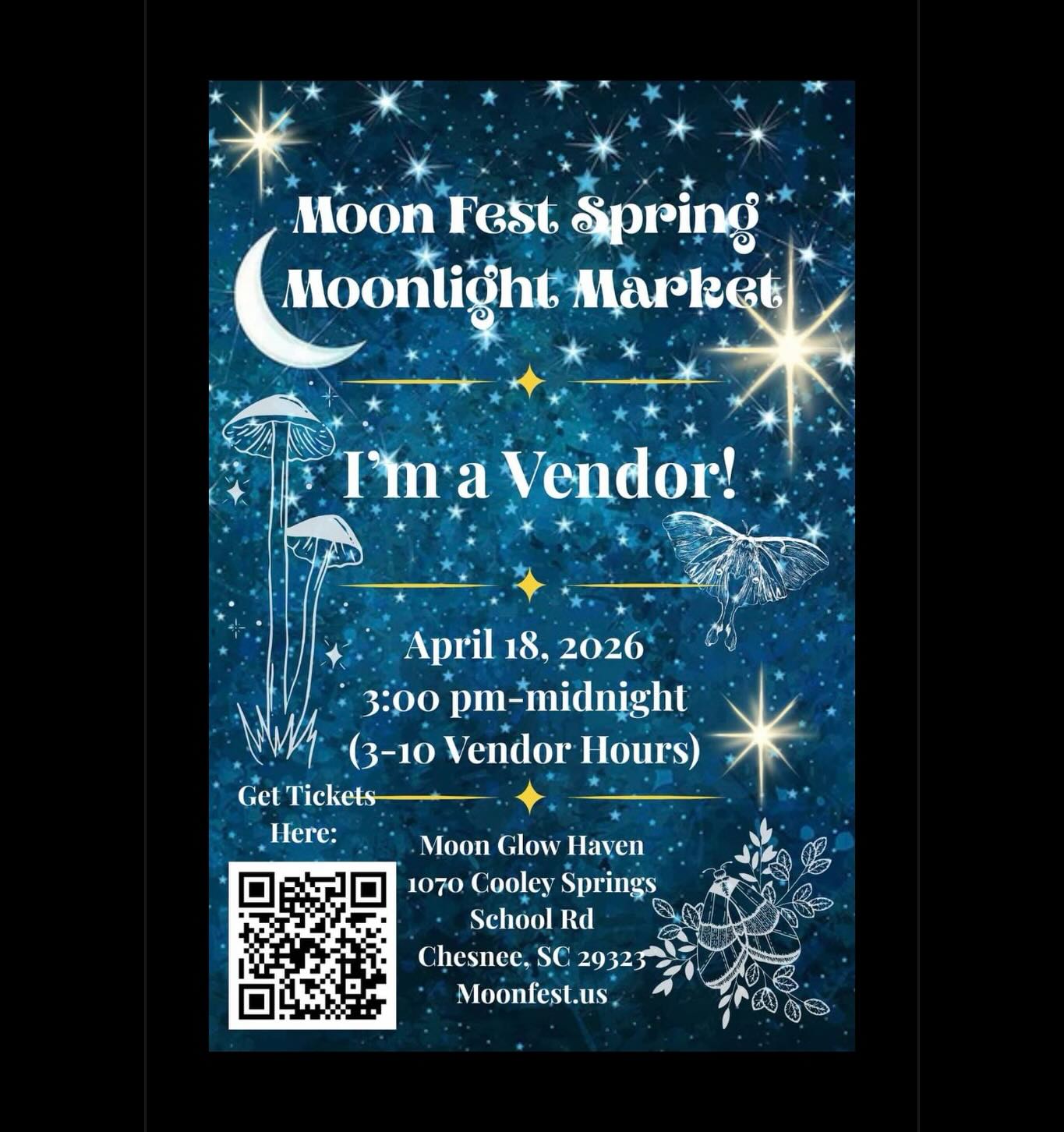 Another weekend full of fun ! Join us at Moon market for this magical new moon jampacked of energy. Where there should be fire, dancers, music, entertainment, and of course us vendors. If you would like to dance the night away, there is camping available if you reach out to Moon market website, or scan the QR code. We will have special items at this event, such as lanterns, candles, and so much more. So if you are in South Carolina this Saturday Don’t forget to look for our flag.