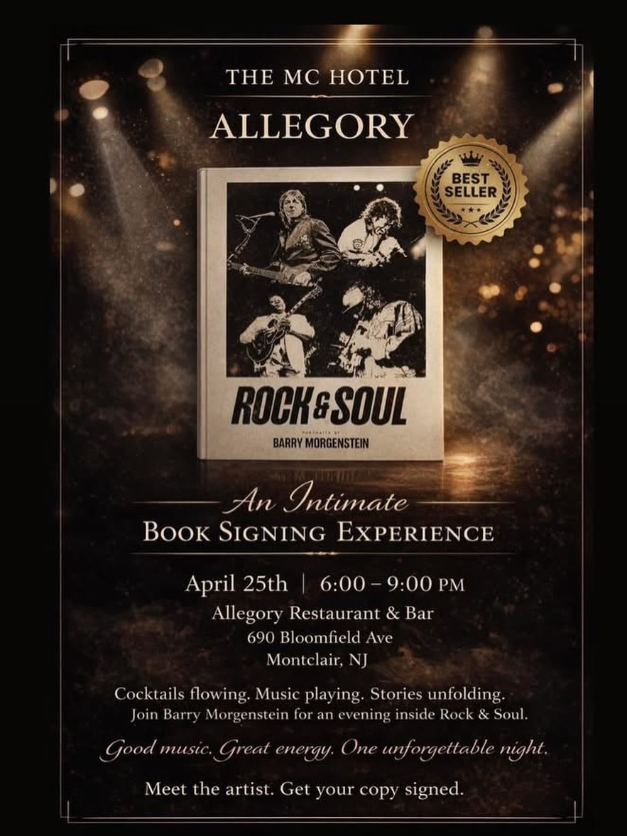 Montclair… this is your night!
Join us April 25th 6-9 pm at The MC Hotel: Allegory Restaurant and bar for an unforgettable evening of cocktails, music, and Rock & Soul. Meet Barry Morgenstein and experience the stories behind the lens. See you there 😊