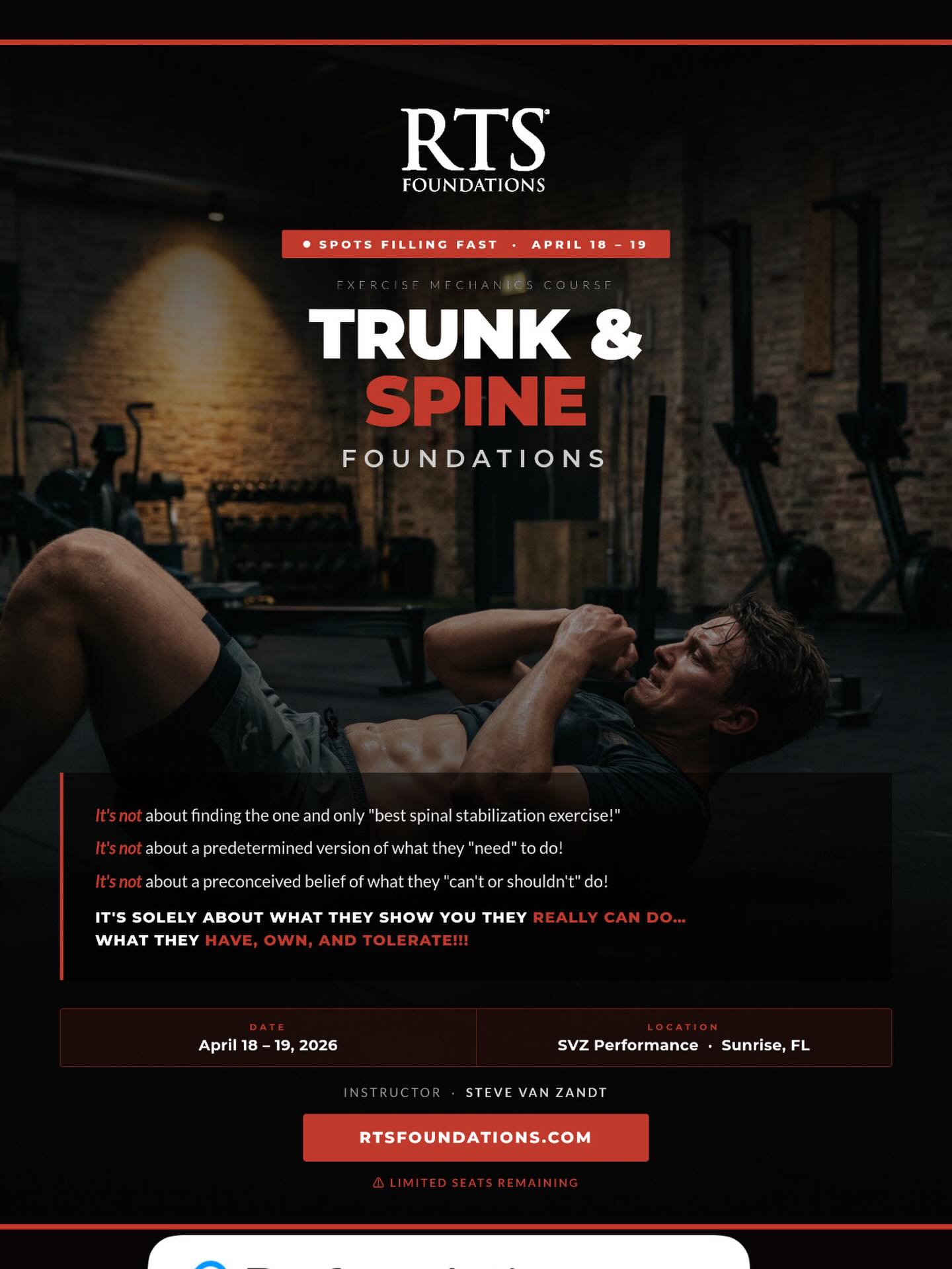 Perspectives on challenging the trunk and spinal musculature
It’s not about finding the one and only “best spinal stabilization exercise!“ It’s not about a predetermined version of what they “need“ to do! It’s not about a preconceived belief of what they “can’t or shouldn’t“ do! It’s solely about what they show you they really can do… What they have, own, and tolerate!!!
#persoanltraining #rtsnation #takerts #exerciseeducation #customfitexercise