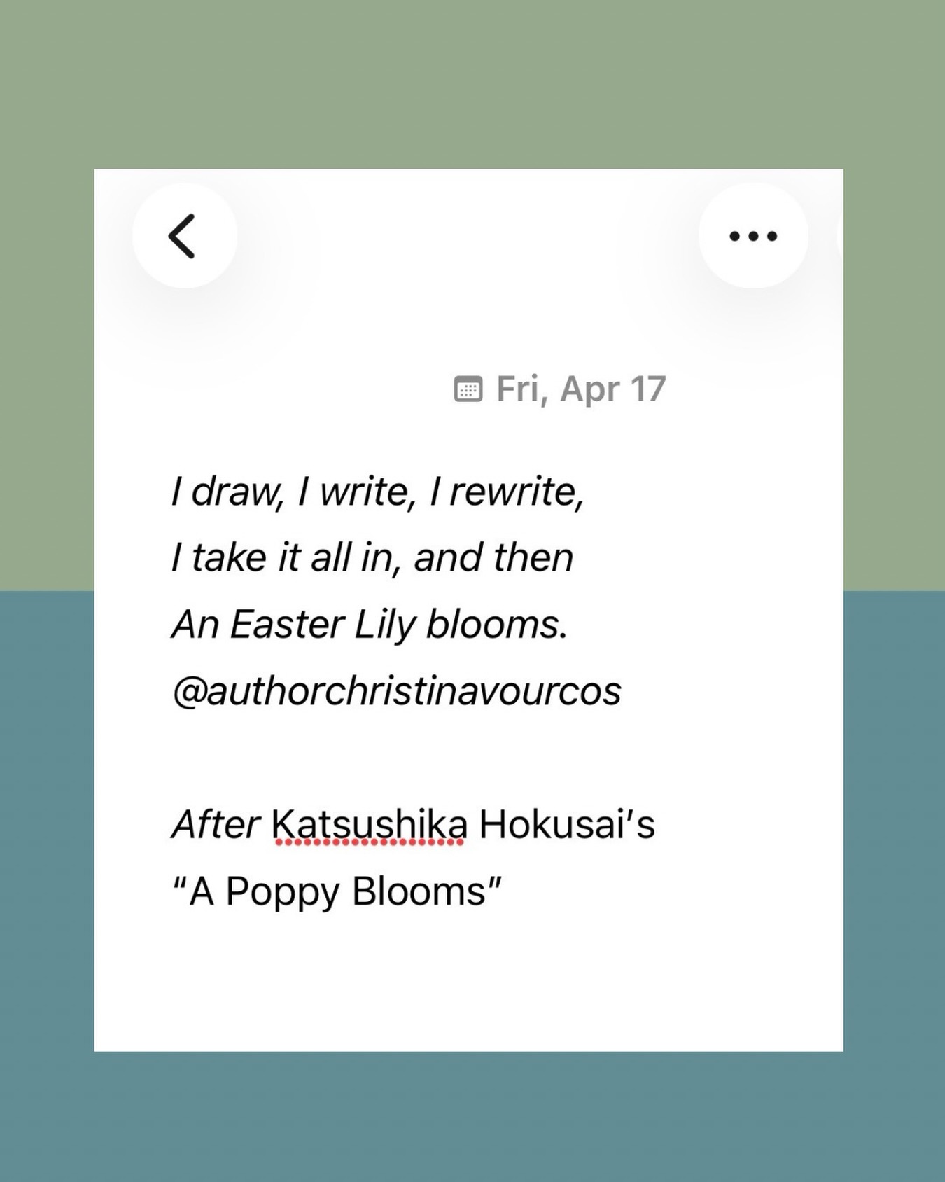 While I don’t publish haikus in my poetry books, I love writing them to share on social media. I’ve been noticing some poetry prompts for National Poetry Writing Month that focus on writing an “after” poem, where you write a poem that is a response to another poem from a fellow poet.
I thought sharing creating one with haiku for National Haiku Poetry Day. Do you like to be inspired by others? I think it’s a good way to connect with each other and it’s needed more than ever. #Poetry #PoetryWriting